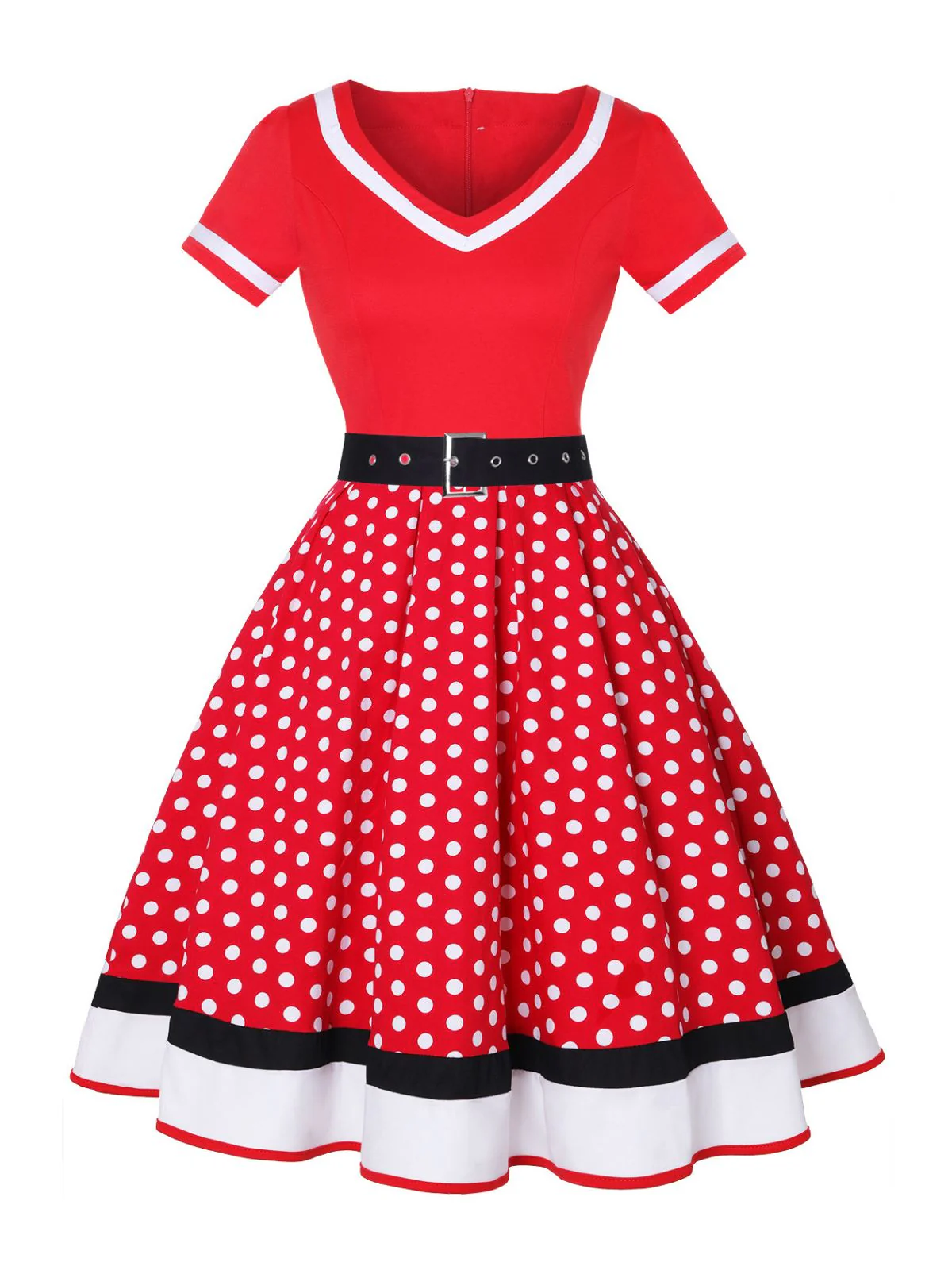 Multicolor 1950er Tupfen Patchwork Gürtelkleid - Image 3