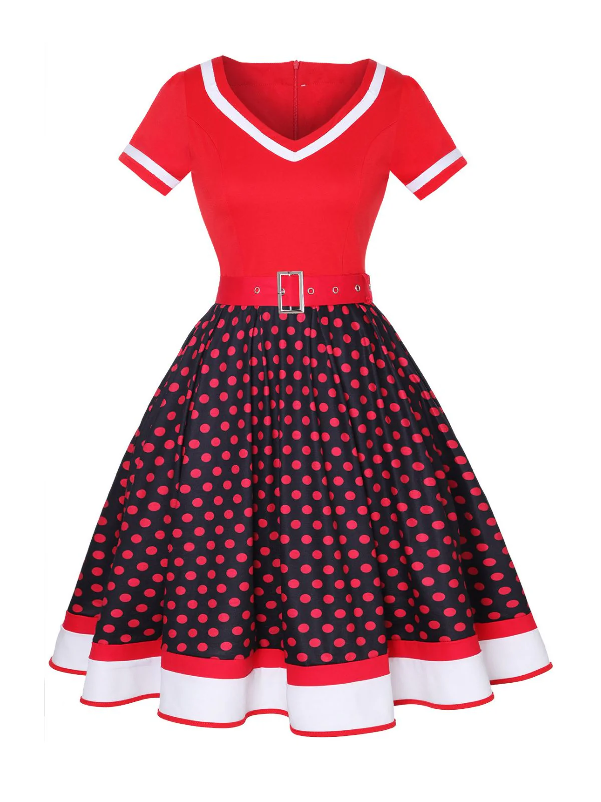 Multicolor 1950er Tupfen Patchwork Gürtelkleid - Image 5