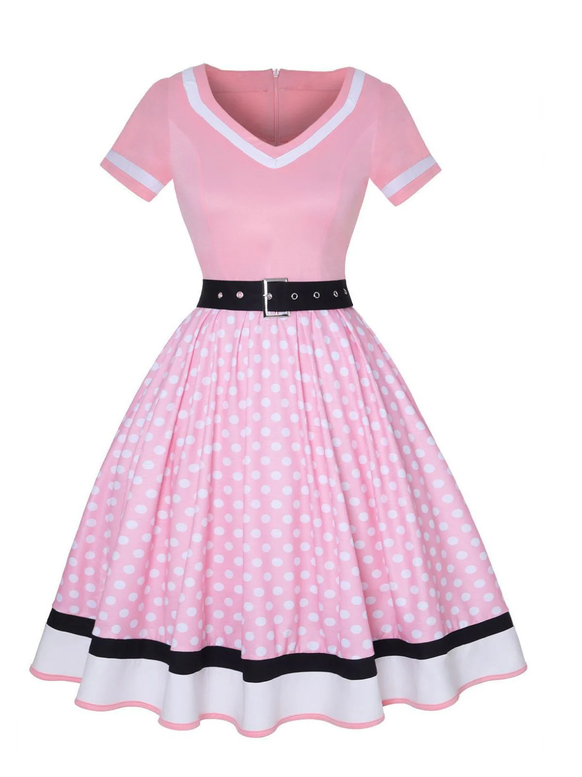 Multicolor 1950er Tupfen Patchwork Gürtelkleid - Image 7