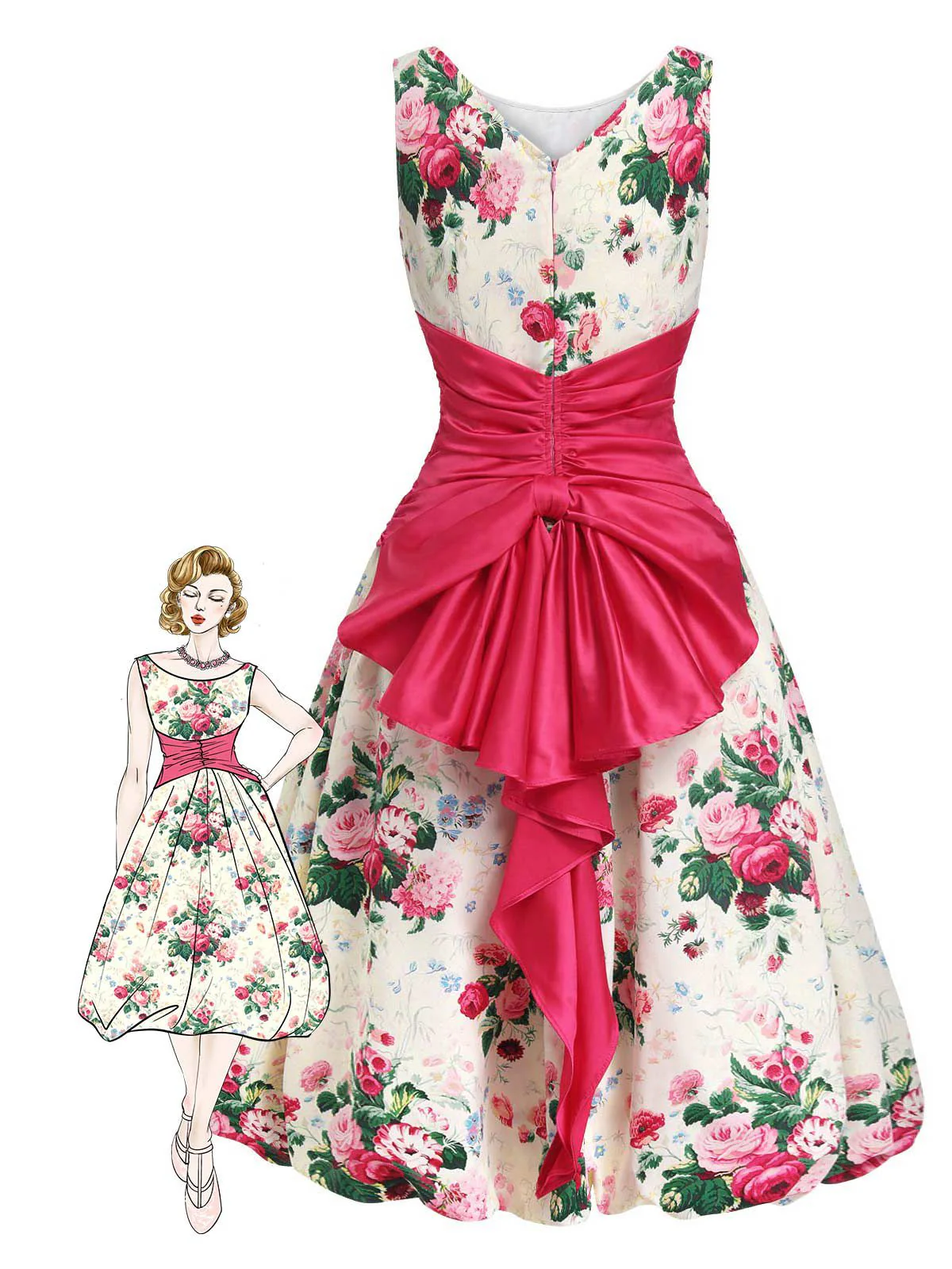Multicolor 1950er Zurück-Bogen Antike Blumen Kleid - Image 4