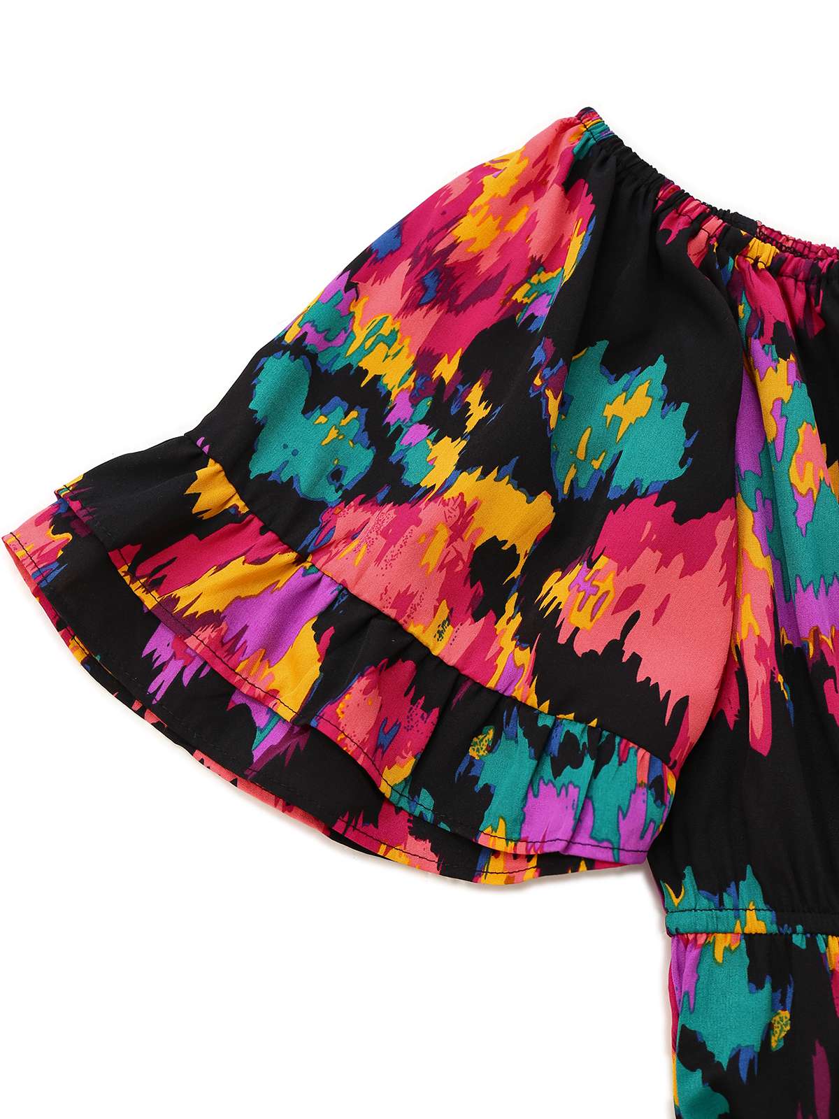 Multicolor 1960er Abstrakt Farben Rüschen Schulterfrei Romper - Image 4