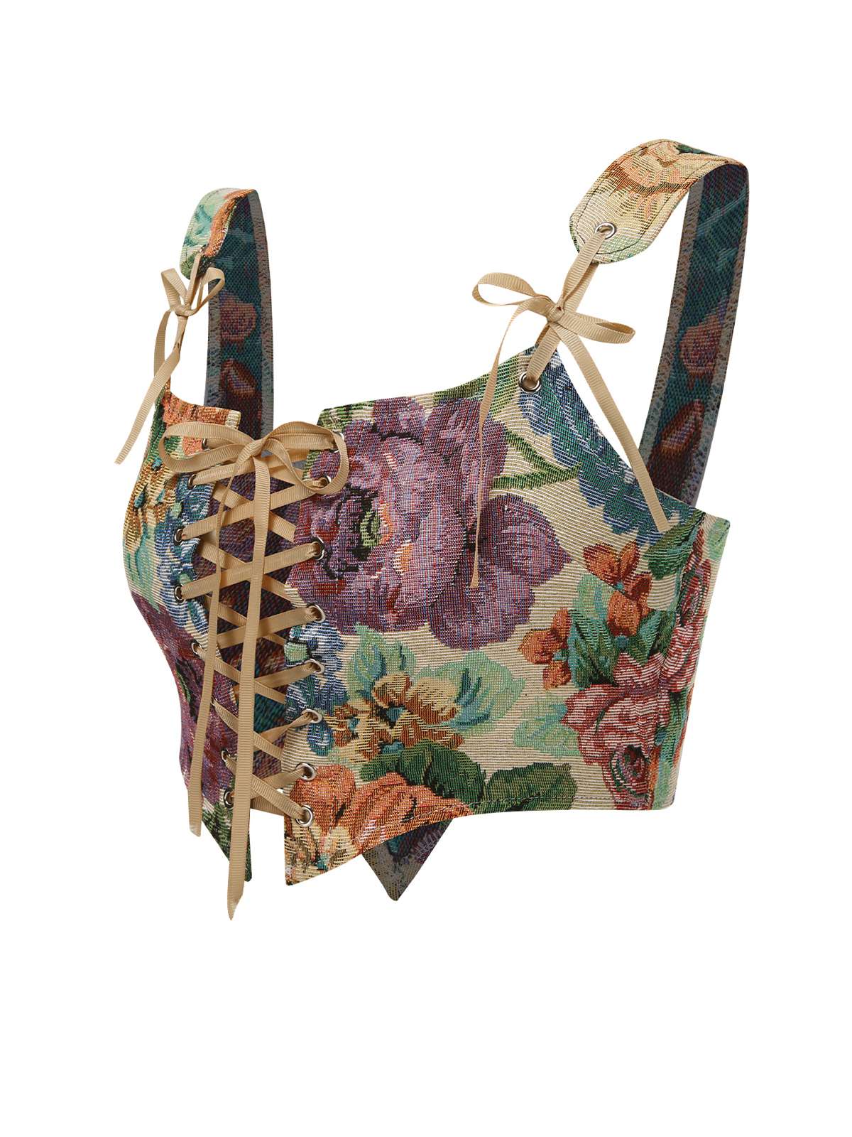 Multicolor 1960er Blumen Schnürung Bustier Kurzes Top - Image 2