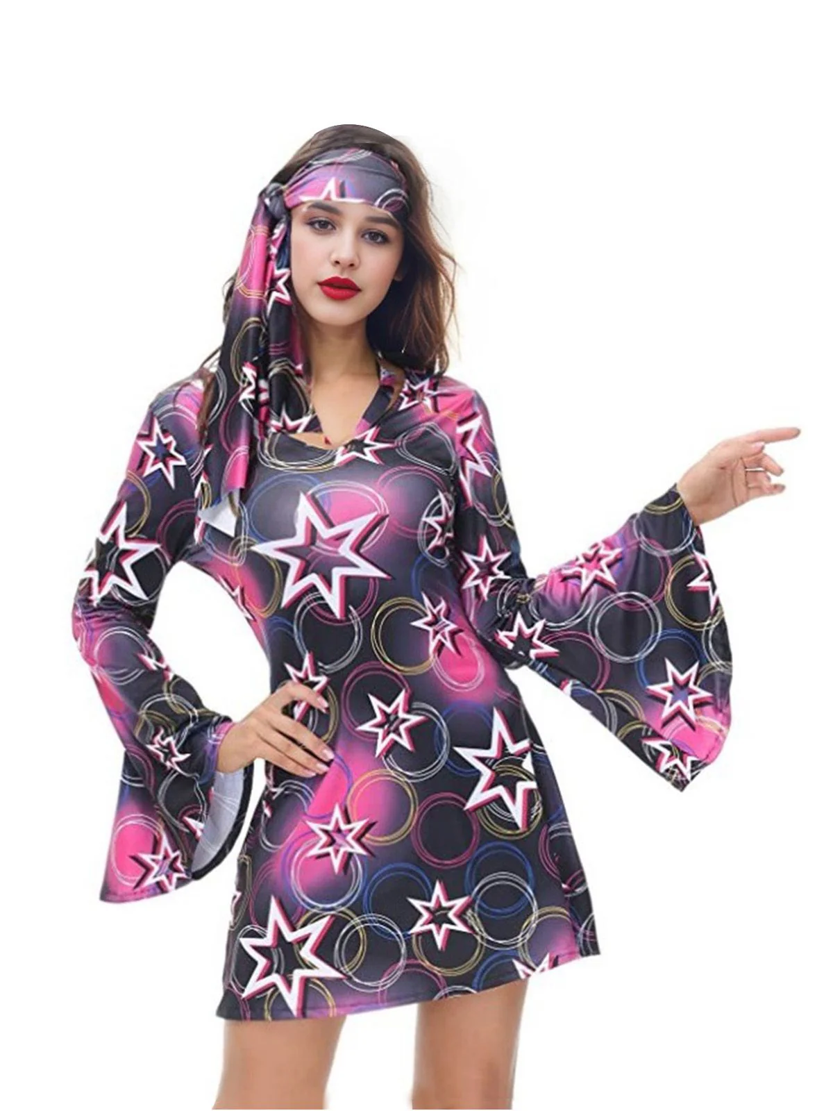 Multicolor 1960er Disco Hippie Stil Sterne Schal Kleid - Image 2