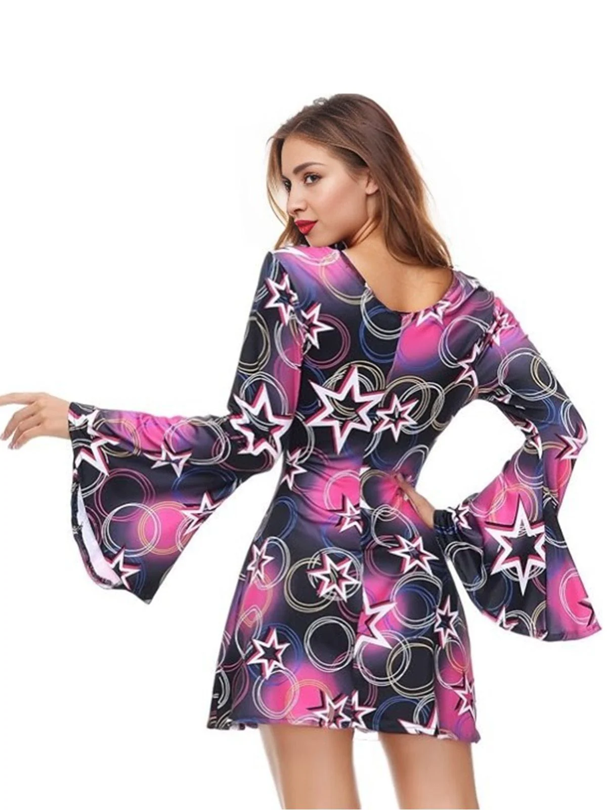 Multicolor 1960er Disco Hippie Stil Sterne Schal Kleid - Image 3