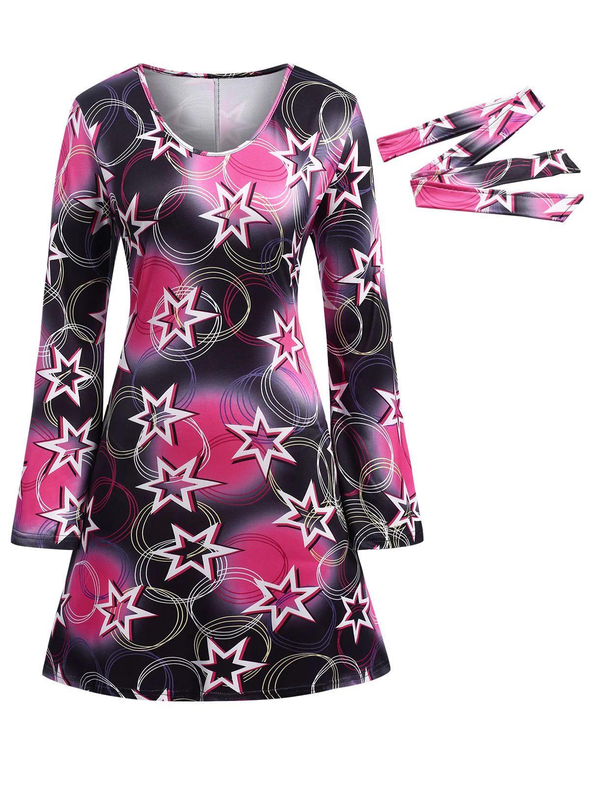 Multicolor 1960er Disco Hippie Stil Sterne Schal Kleid - Image 4