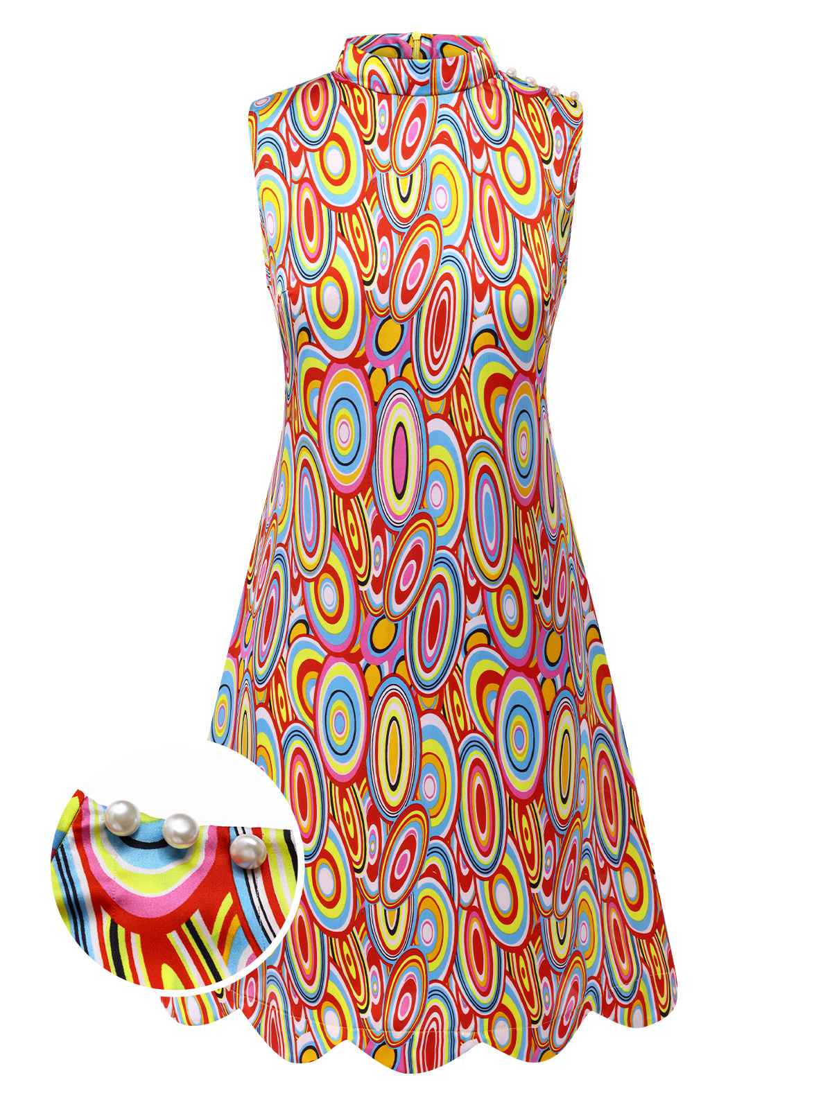 Multicolor 1960er Perle Tasten Ärmellos Kleid