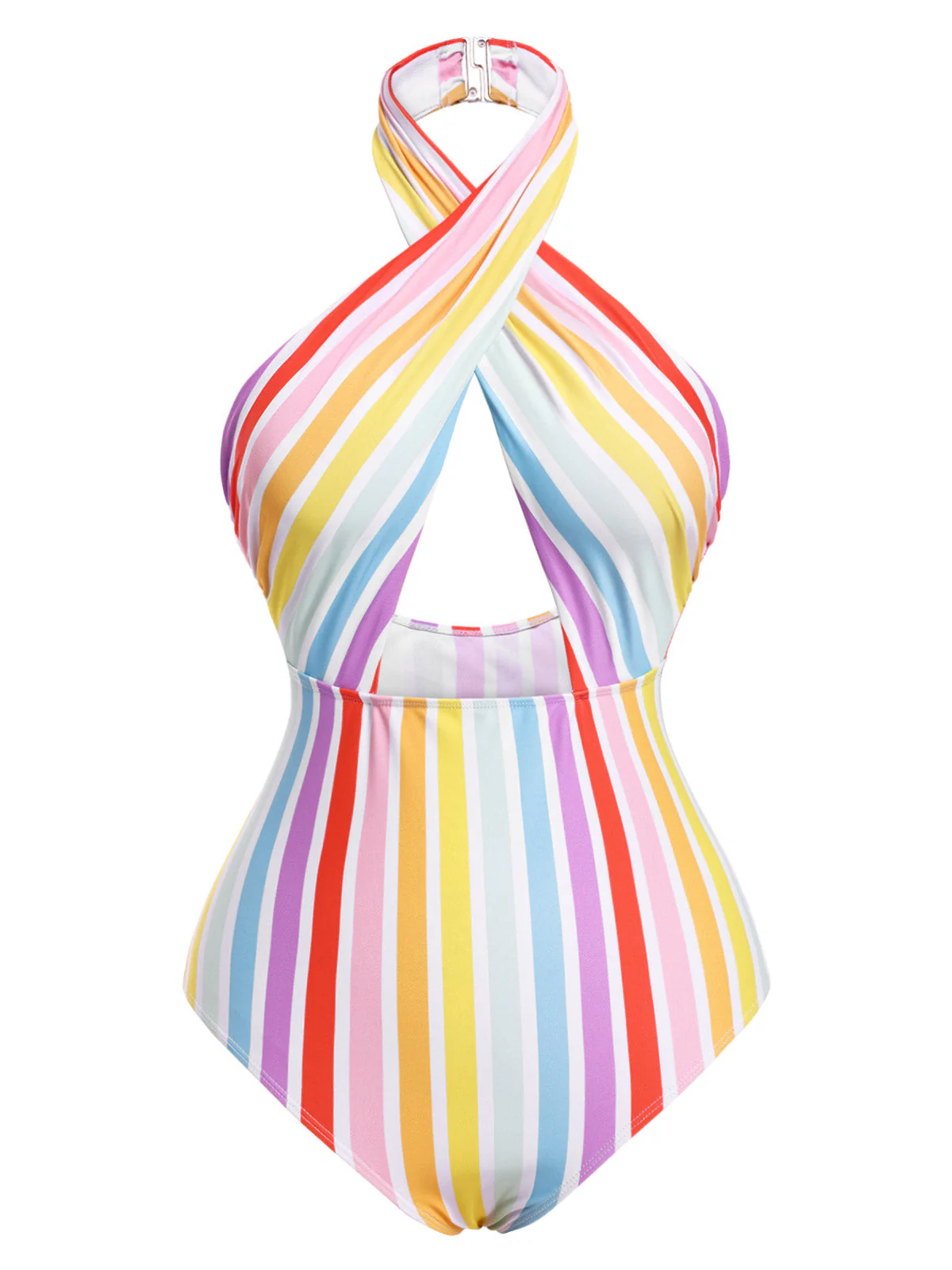Multicolor 1960er Regenbogen Streifen Halter Badeanzug - Image 2