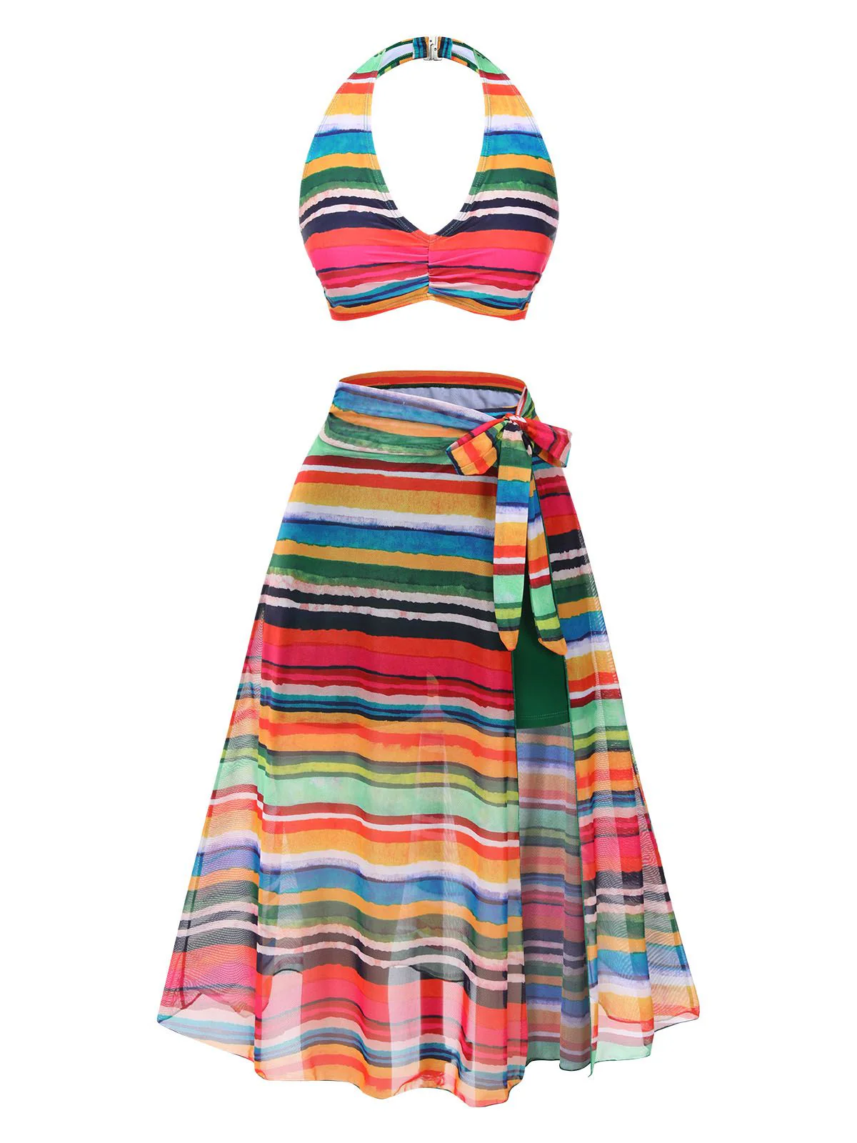 Multicolor 1970er Boho Streifen Badeanzug & Cover-Up - Image 2