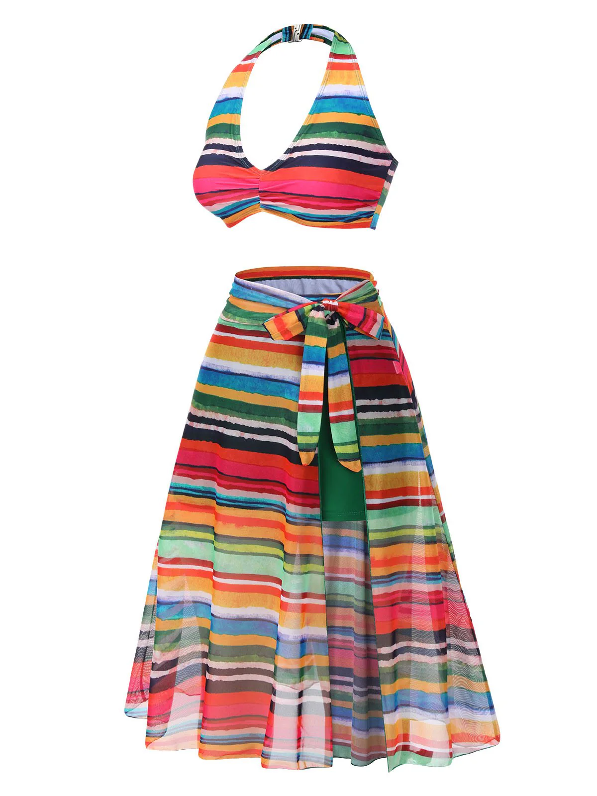 Multicolor 1970er Boho Streifen Badeanzug & Cover-Up - Image 3