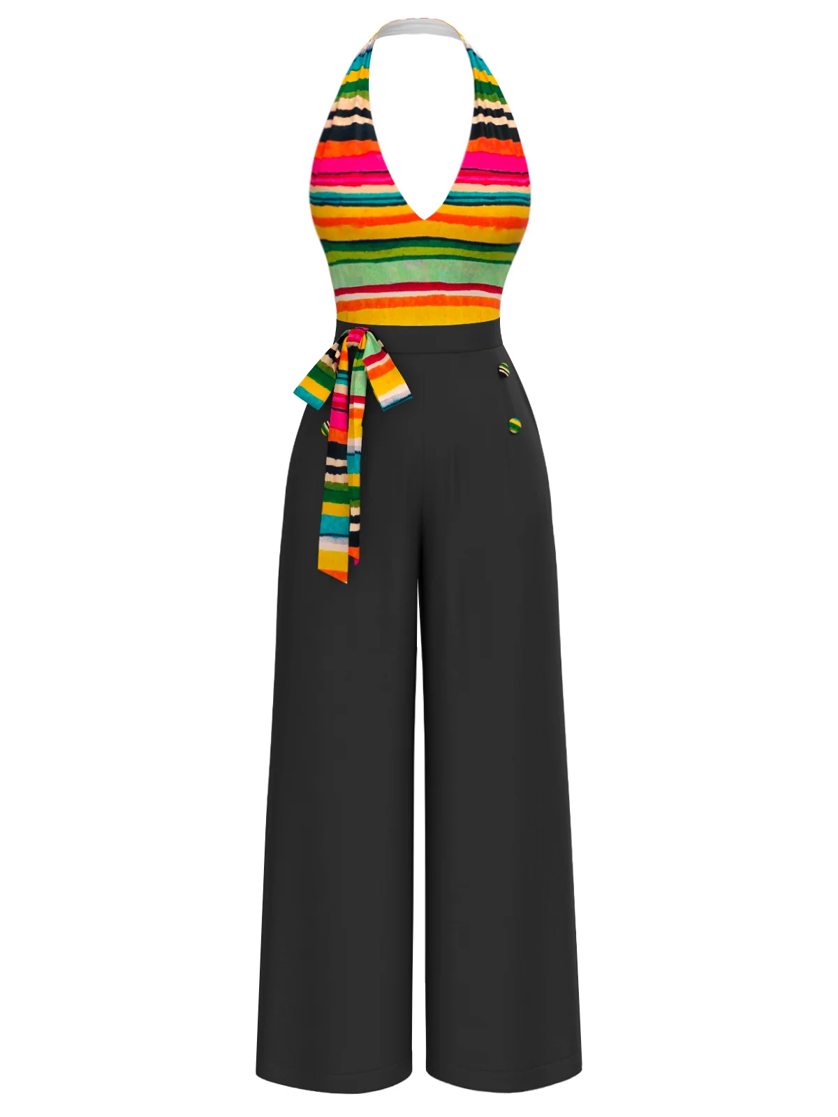 Multicolor 1970er Streifen Bogen Halter Jumpsuit - Image 2