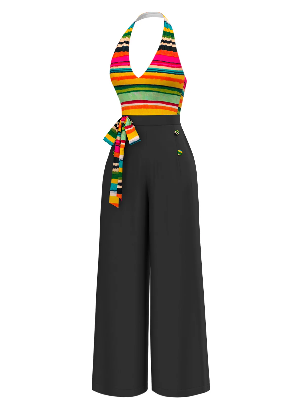 Multicolor 1970er Streifen Bogen Halter Jumpsuit - Image 3