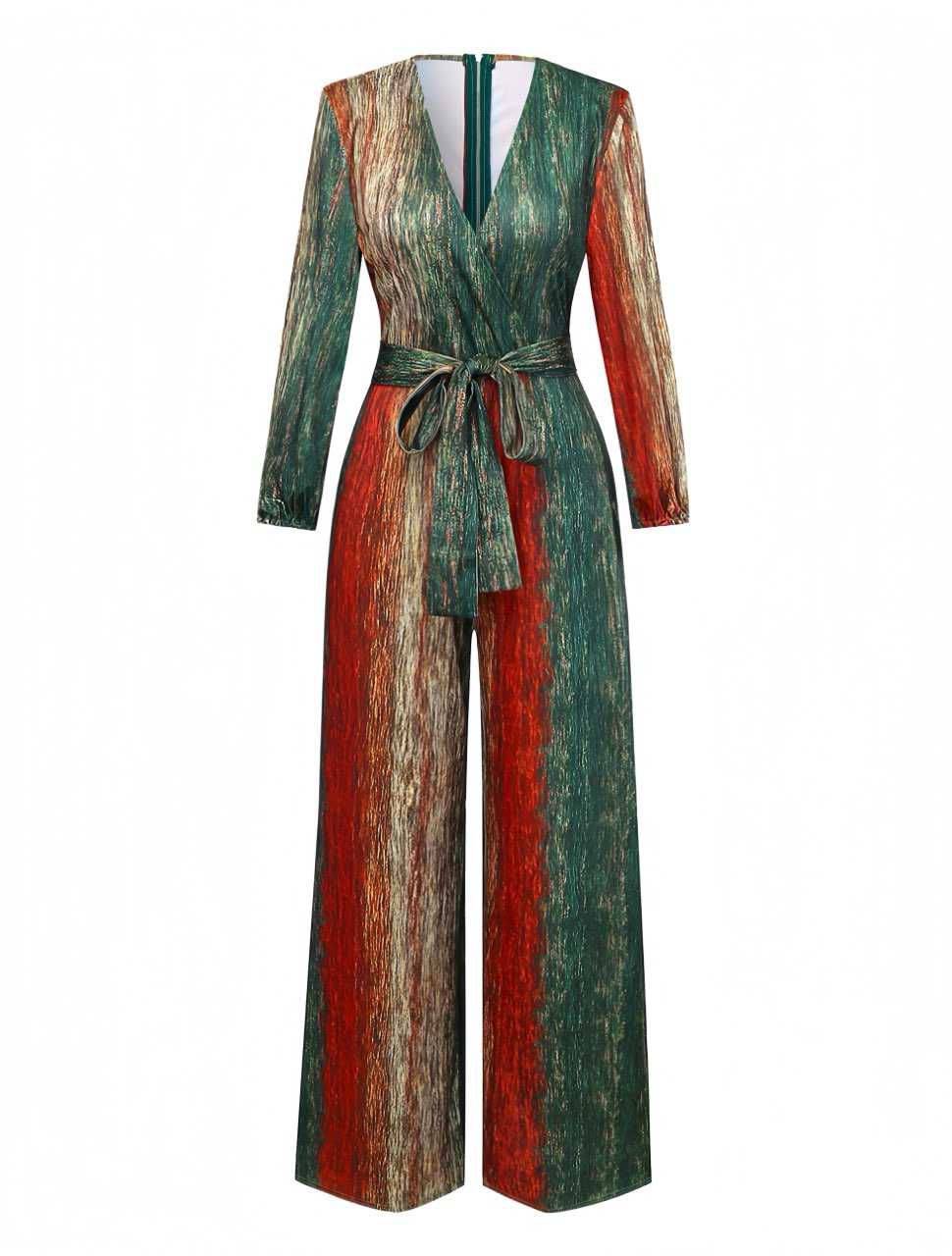 Multicolor 1970er V-Ausschnitt Gürtel Jumpsuit - Image 2