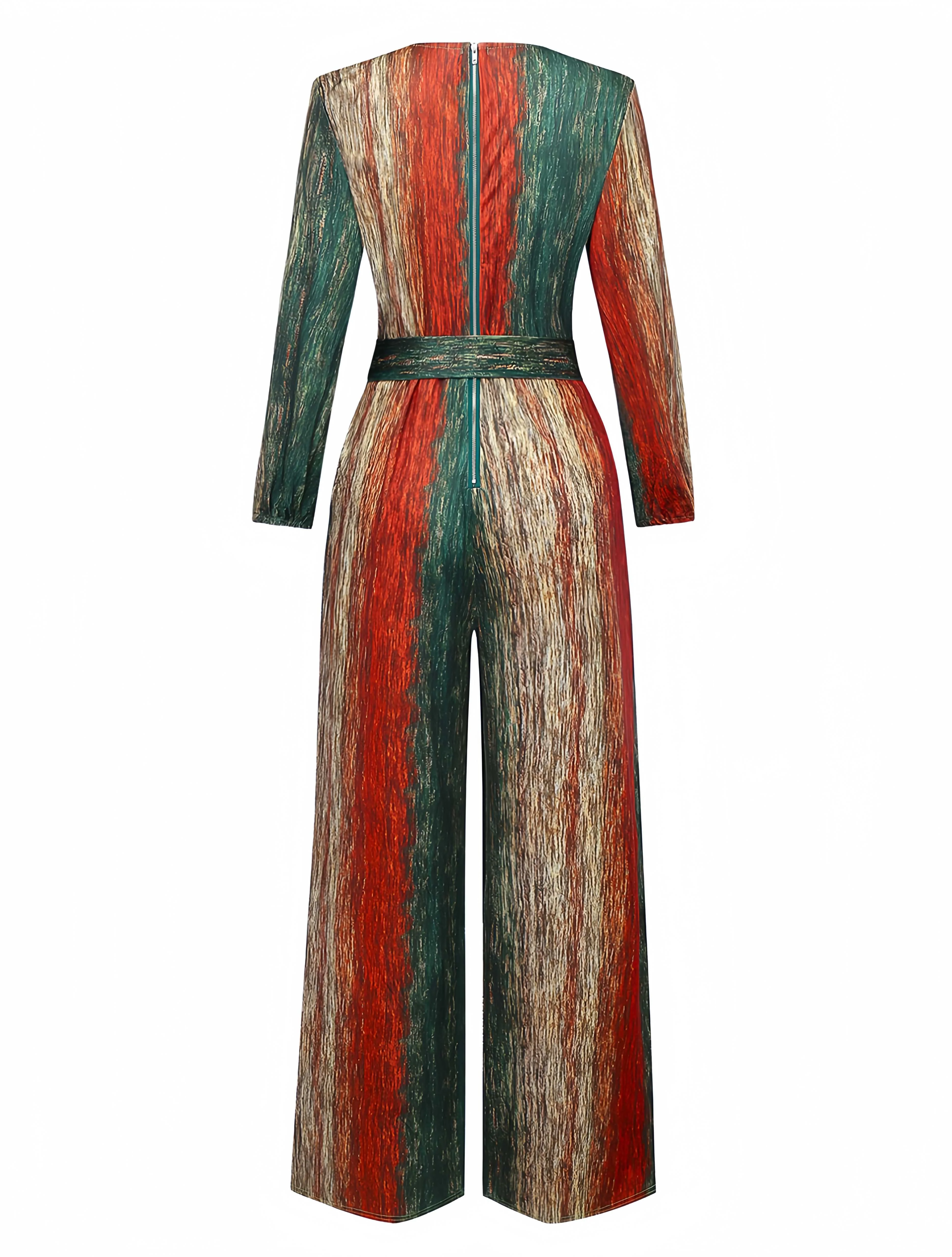 Multicolor 1970er V-Ausschnitt Gürtel Jumpsuit - Image 3