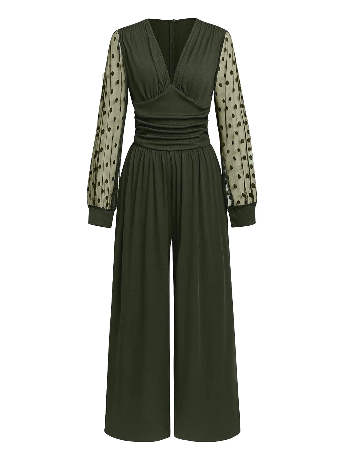 Olivgrün 1950er V-Ausschnitt Polka Dot Transparentärmel Jumpsuit - Image 2