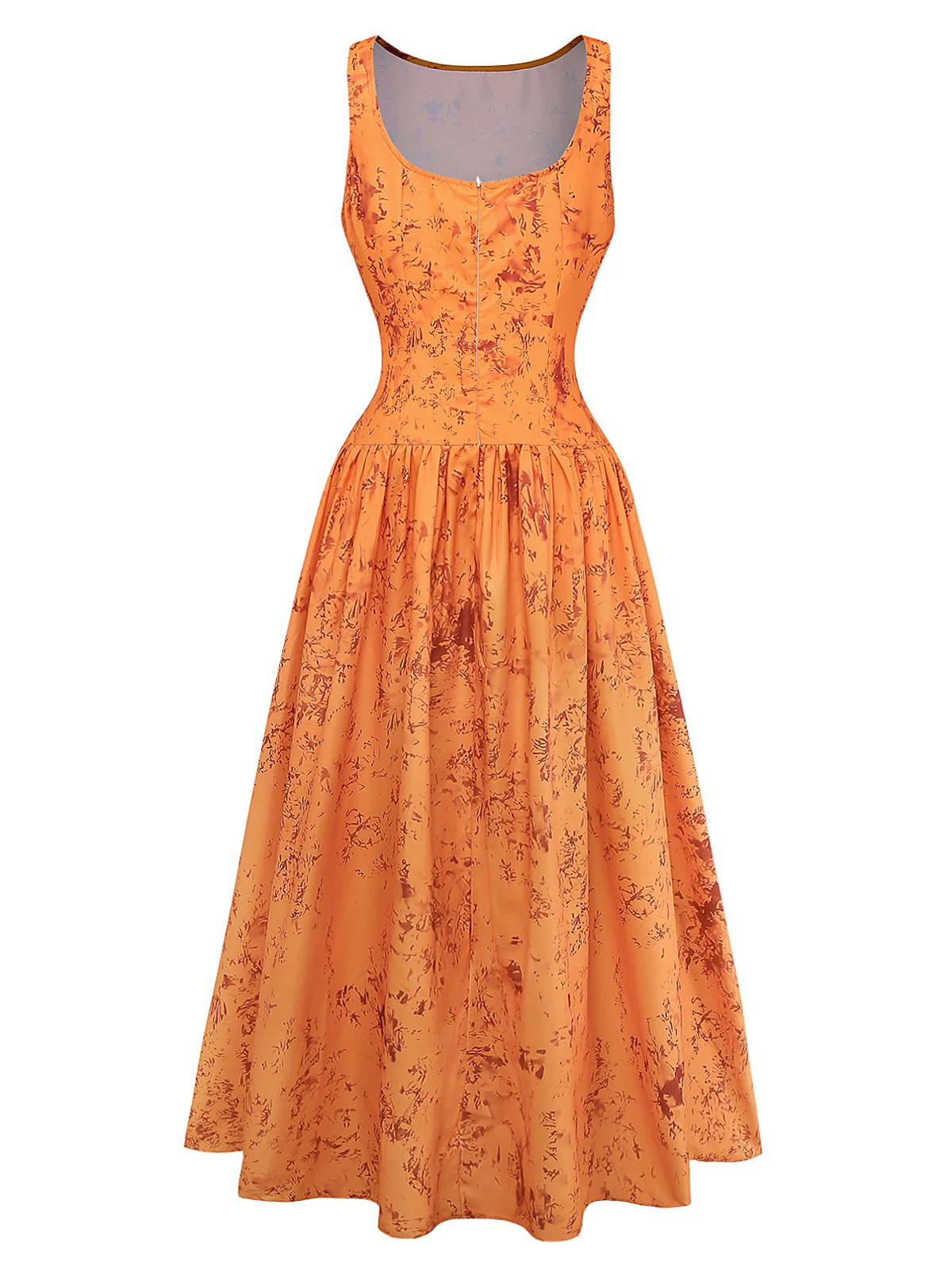 Orange 1930er Baumwolle Ärmellos Bedruckt Tailliert Kleid - Image 3