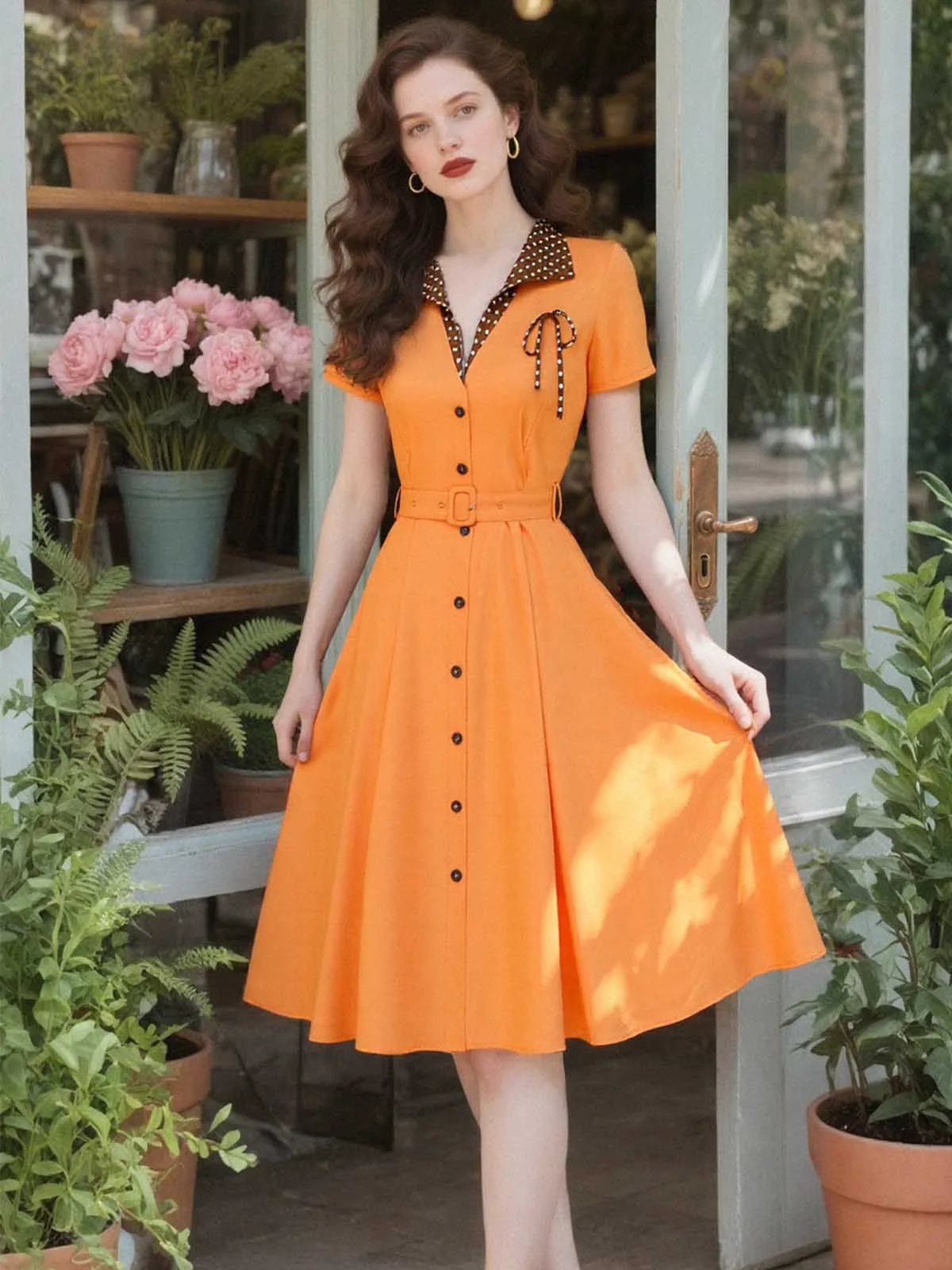 Orange 1940er Baumwolle Polka Dot Revers Bogen Kleid - Image 2