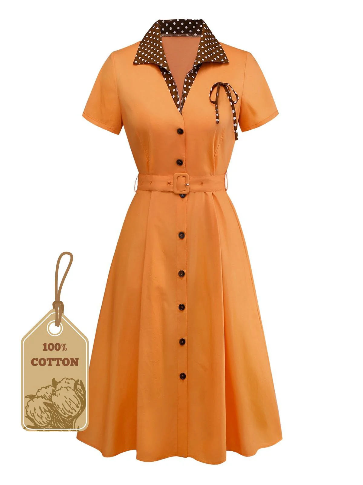 Orange 1940er Baumwolle Polka Dot Revers Bogen Kleid - Image 4