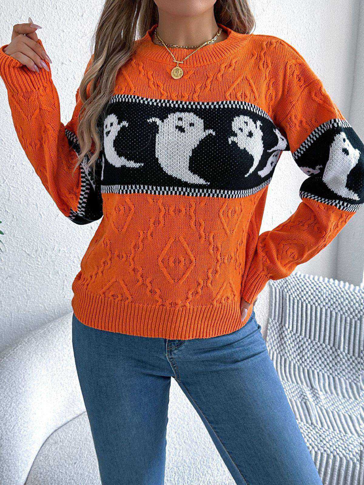 Orange 1940er Halloween Geist Stricken Pullover - Image 3