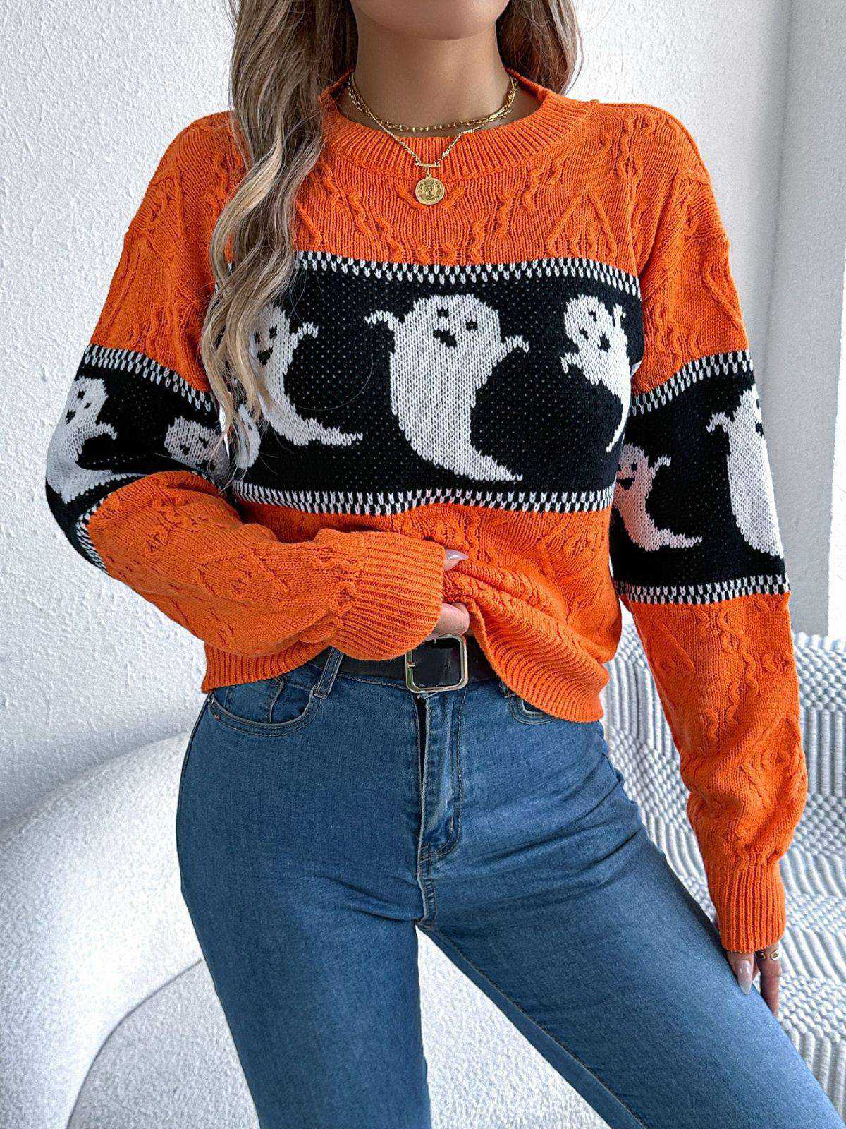 Orange 1940er Halloween Geist Stricken Pullover - Image 5