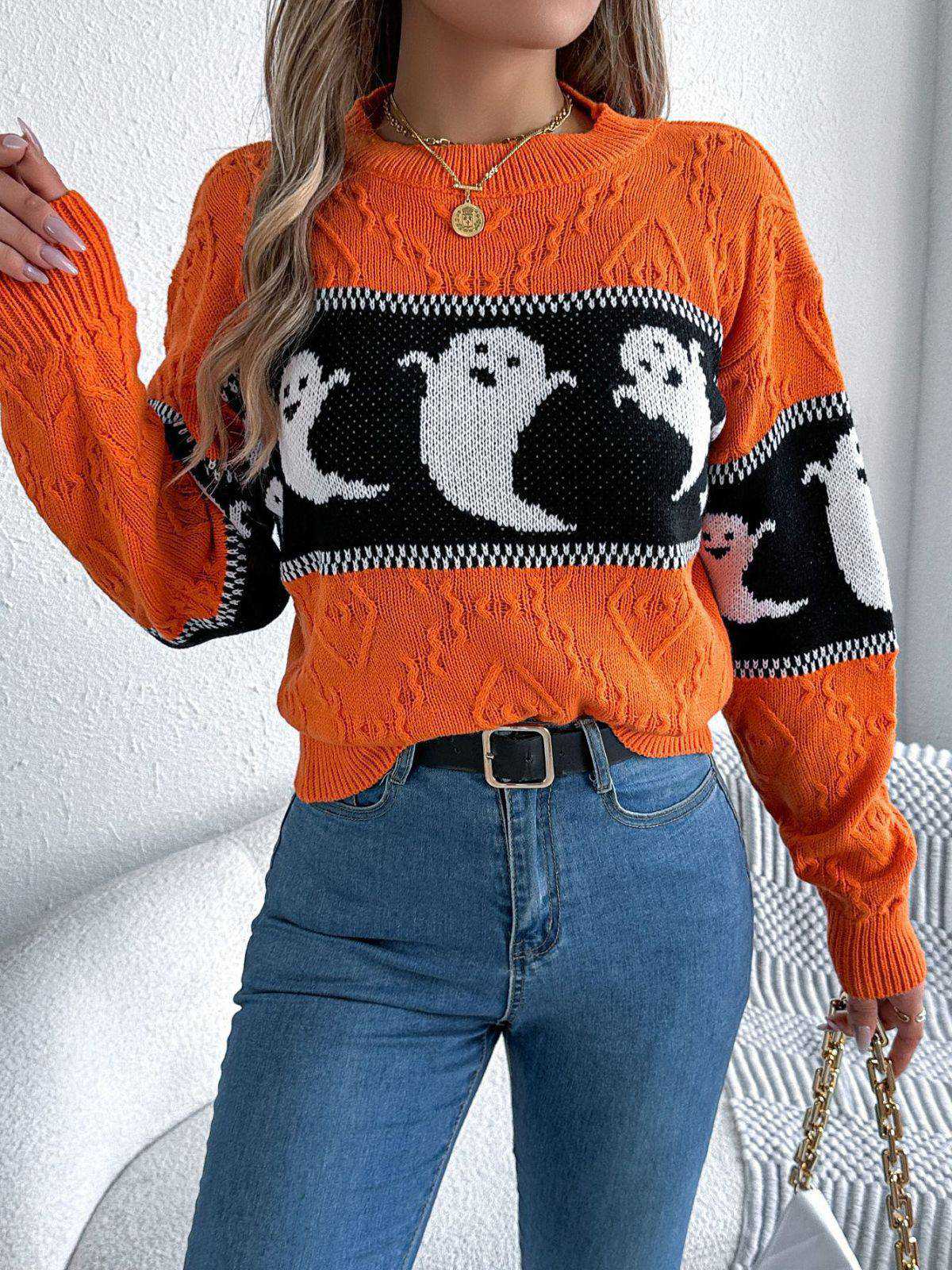 Orange 1940er Halloween Geist Stricken Pullover - Image 6