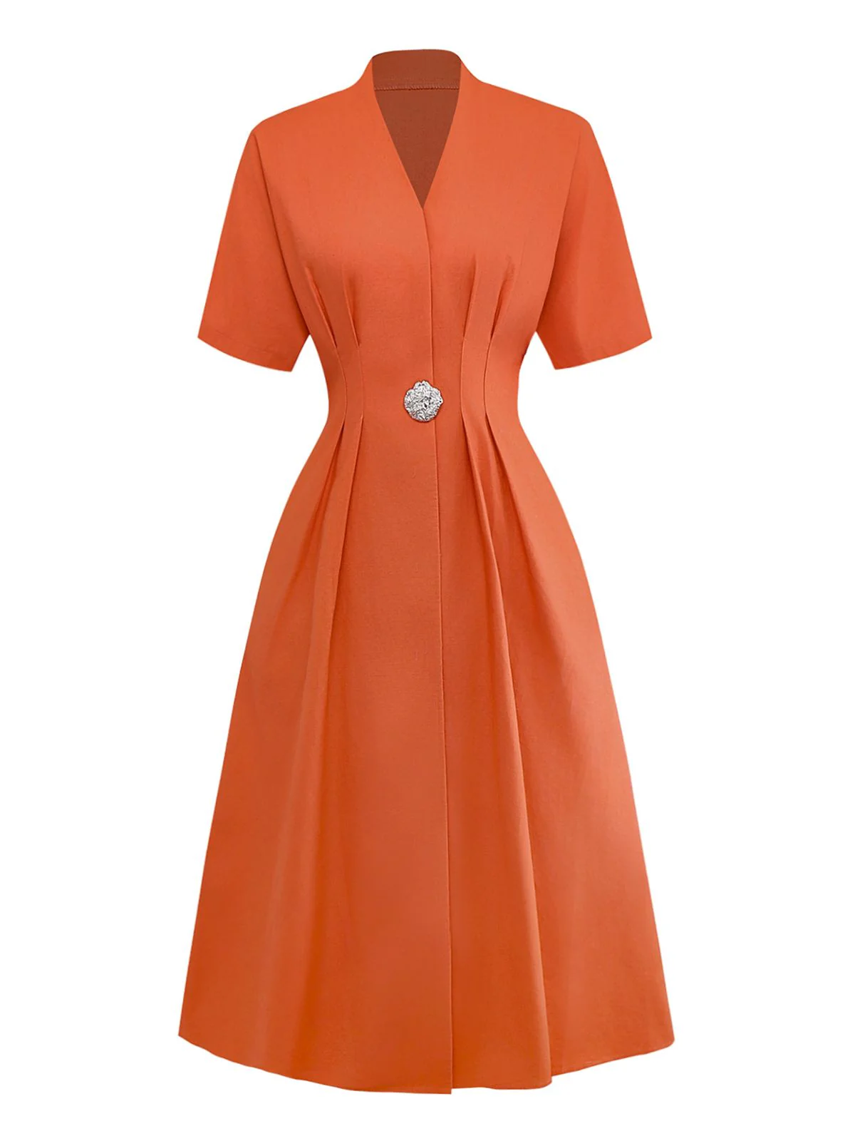 Orange 1940er Solide V-Ausschnitt Brosche Knopf Kleid - Image 2