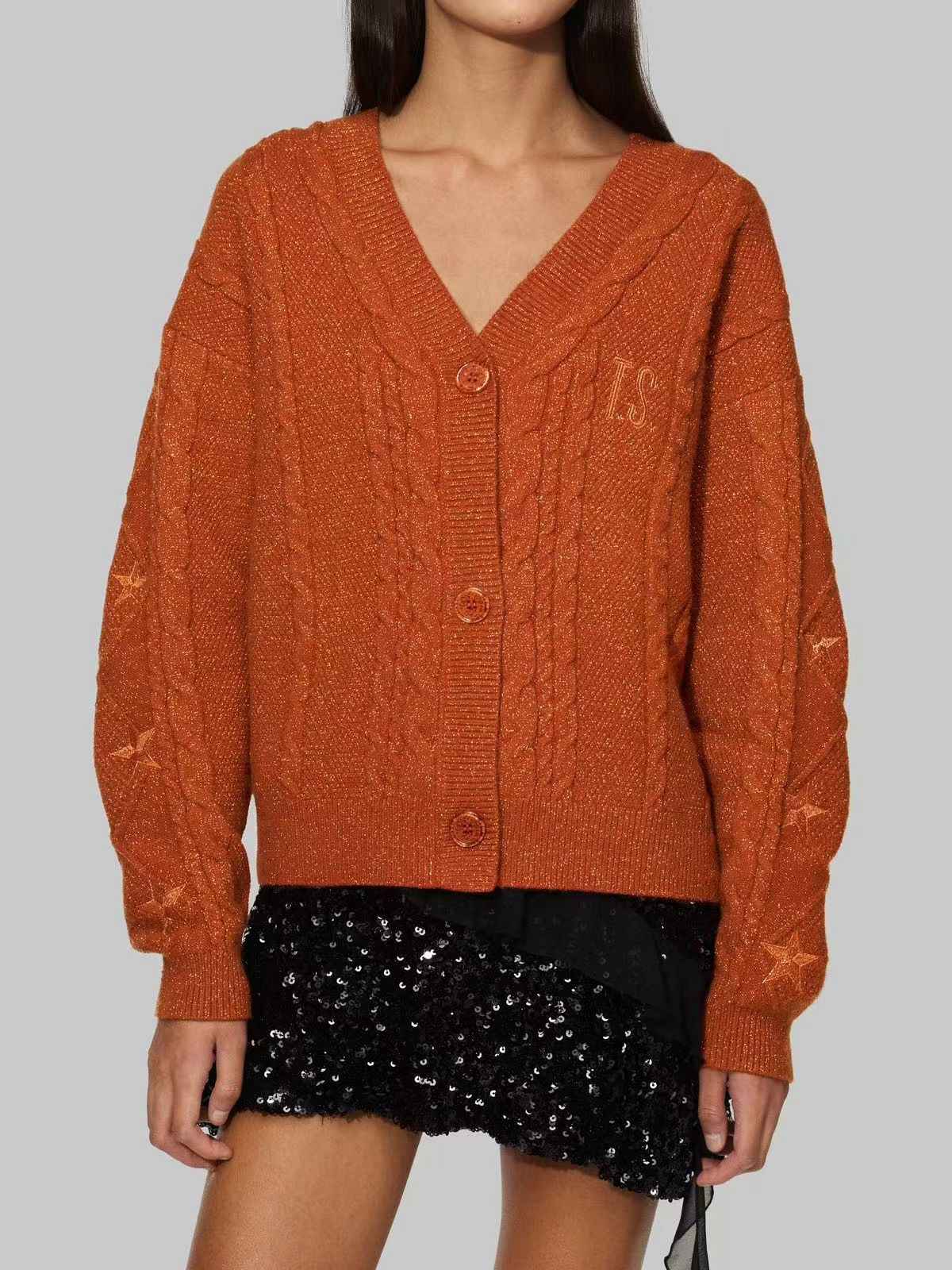 Orange 1940er V-Ausschnitt Stern Bestickt Cardigan - Image 2