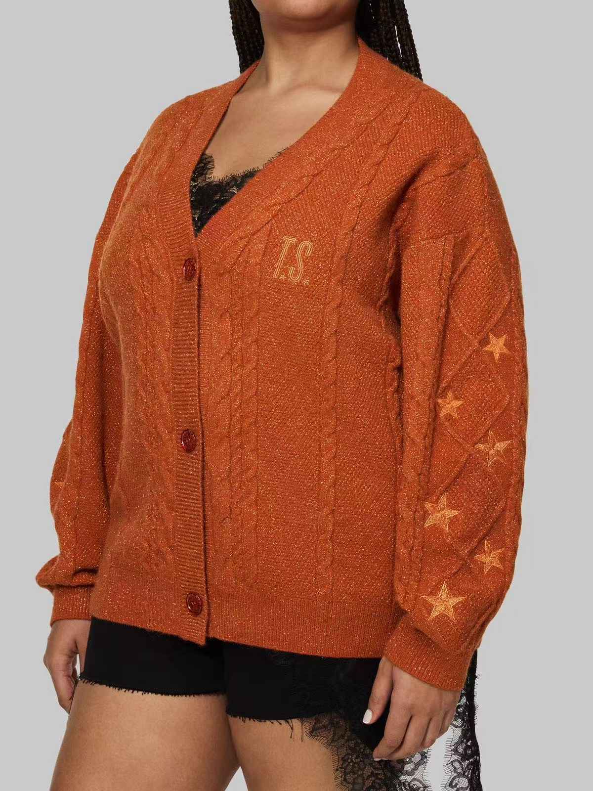 Orange 1940er V-Ausschnitt Stern Bestickt Cardigan - Image 4