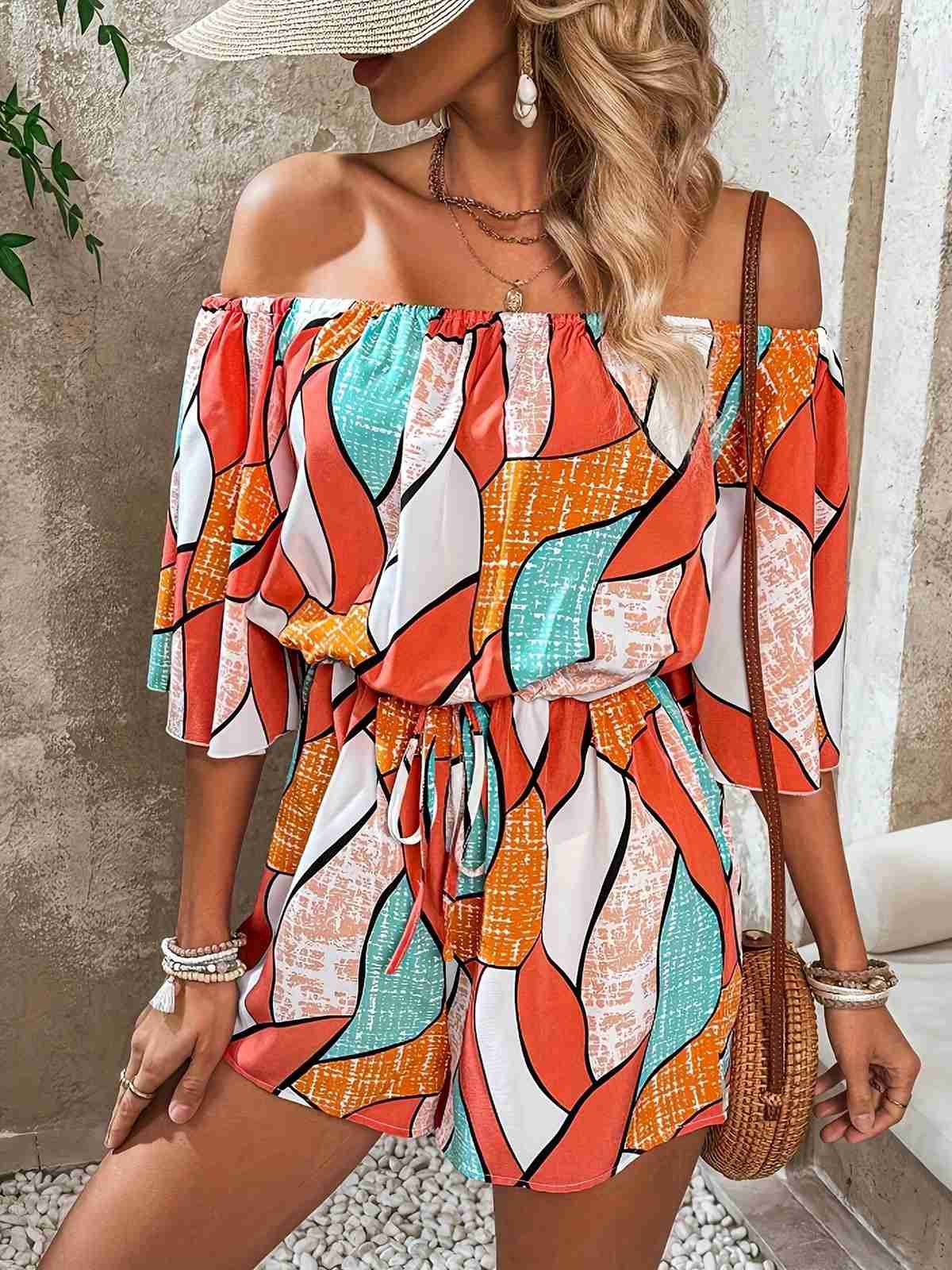 Orange 1950er Geometrisch Kordelzug Schulterfrei Romper