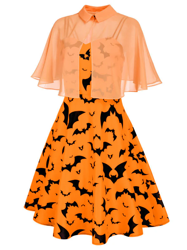 Orange 1950er Halloween Fledermaus Kostüm Kap Patchwork Kleid - Image 2