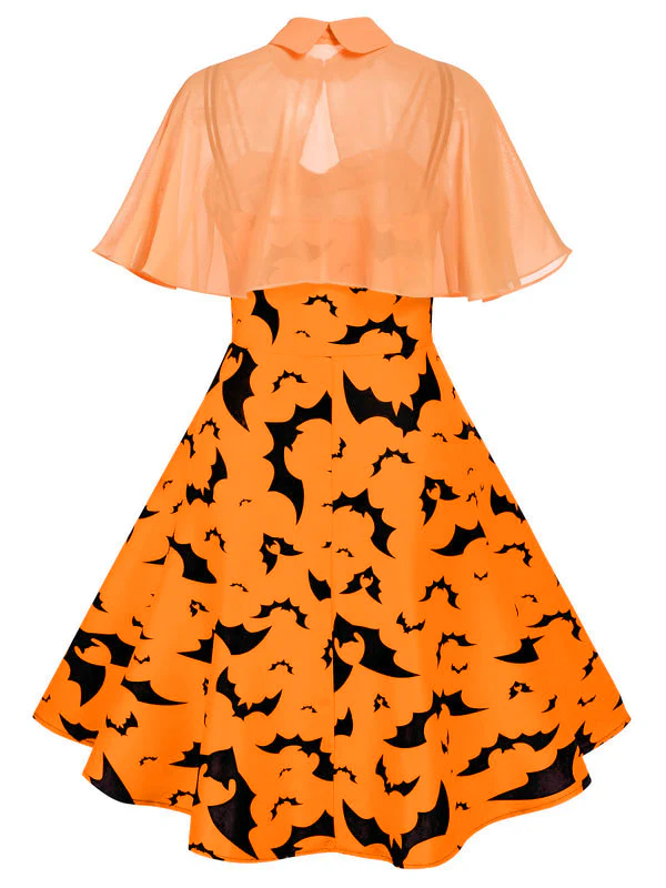Orange 1950er Halloween Fledermaus Kostüm Kap Patchwork Kleid - Image 3