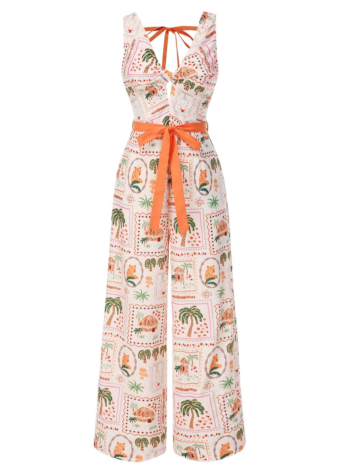 Orange 1950er Strand Briefmarken Verdreht Jumpsuit - Image 2