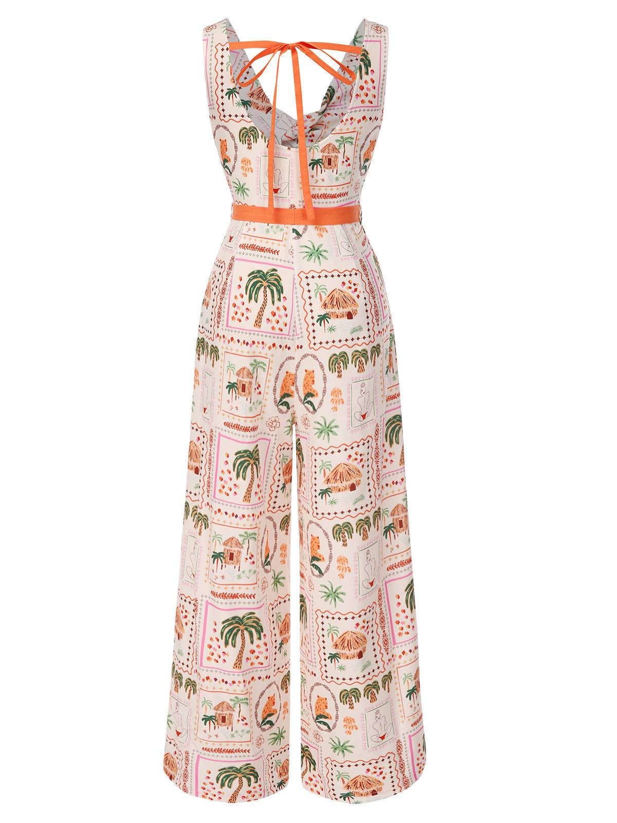 Orange 1950er Strand Briefmarken Verdreht Jumpsuit - Image 4