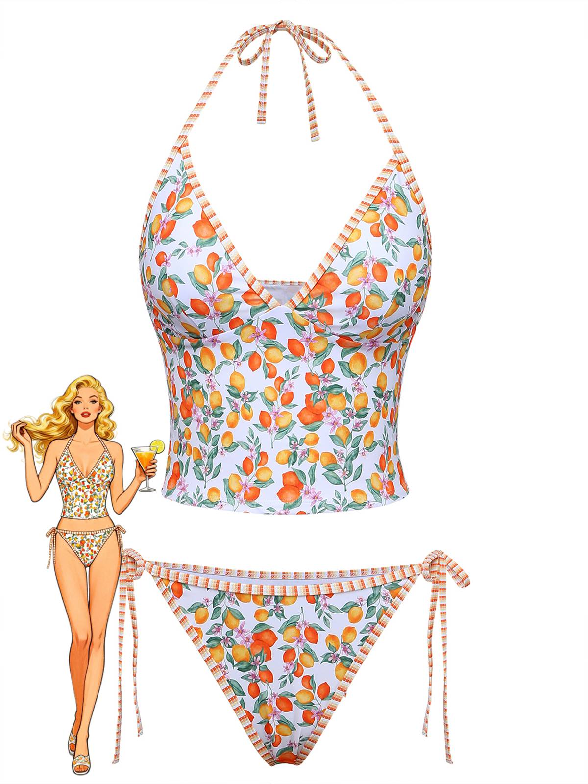 Orange 1950er Zitronen Muster Halter Tankini Set