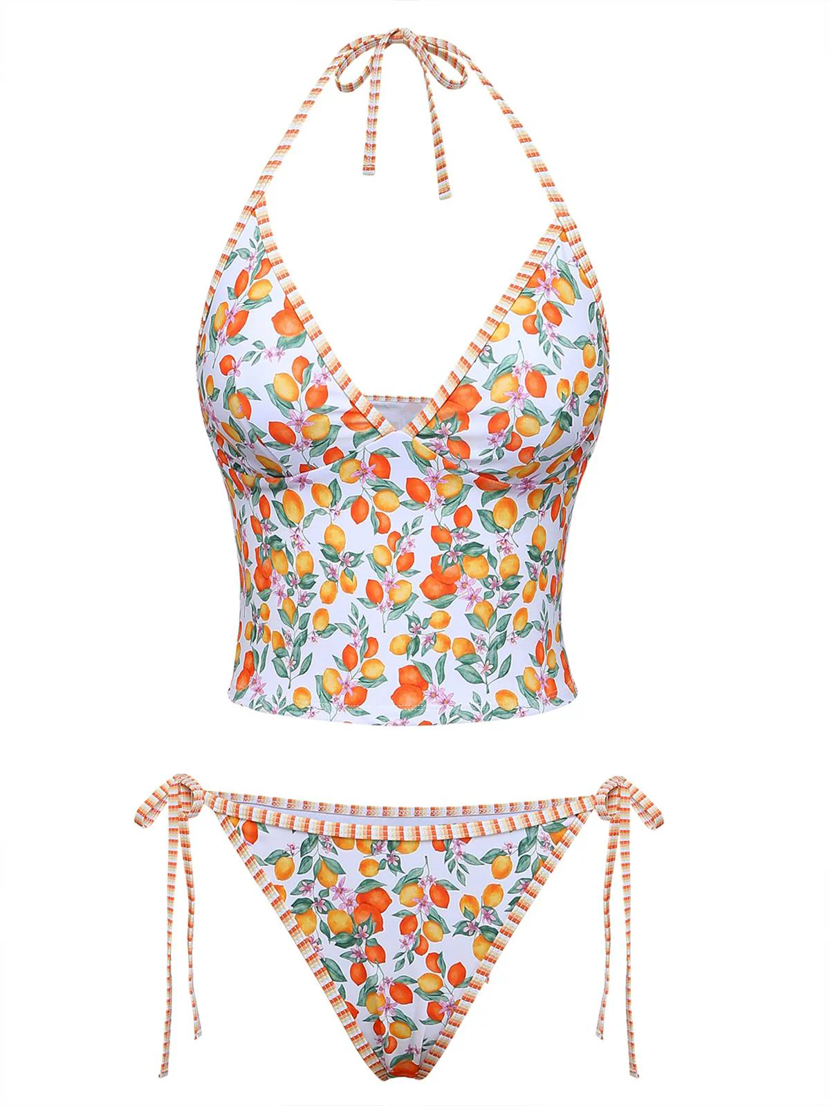 Orange 1950er Zitronen Muster Halter Tankini Set - Image 2