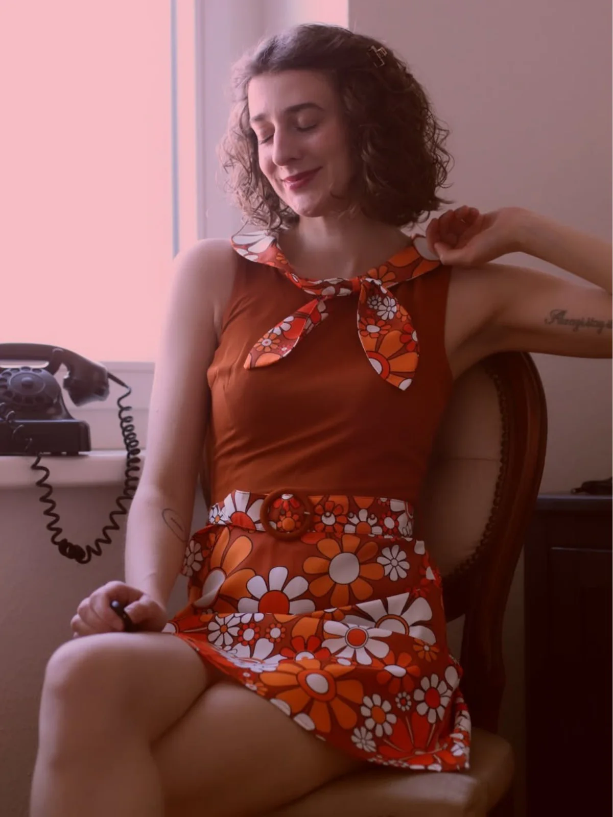 Orange 1960er Boho Psychedelisch Blumen Gürtel Kleid - Image 3
