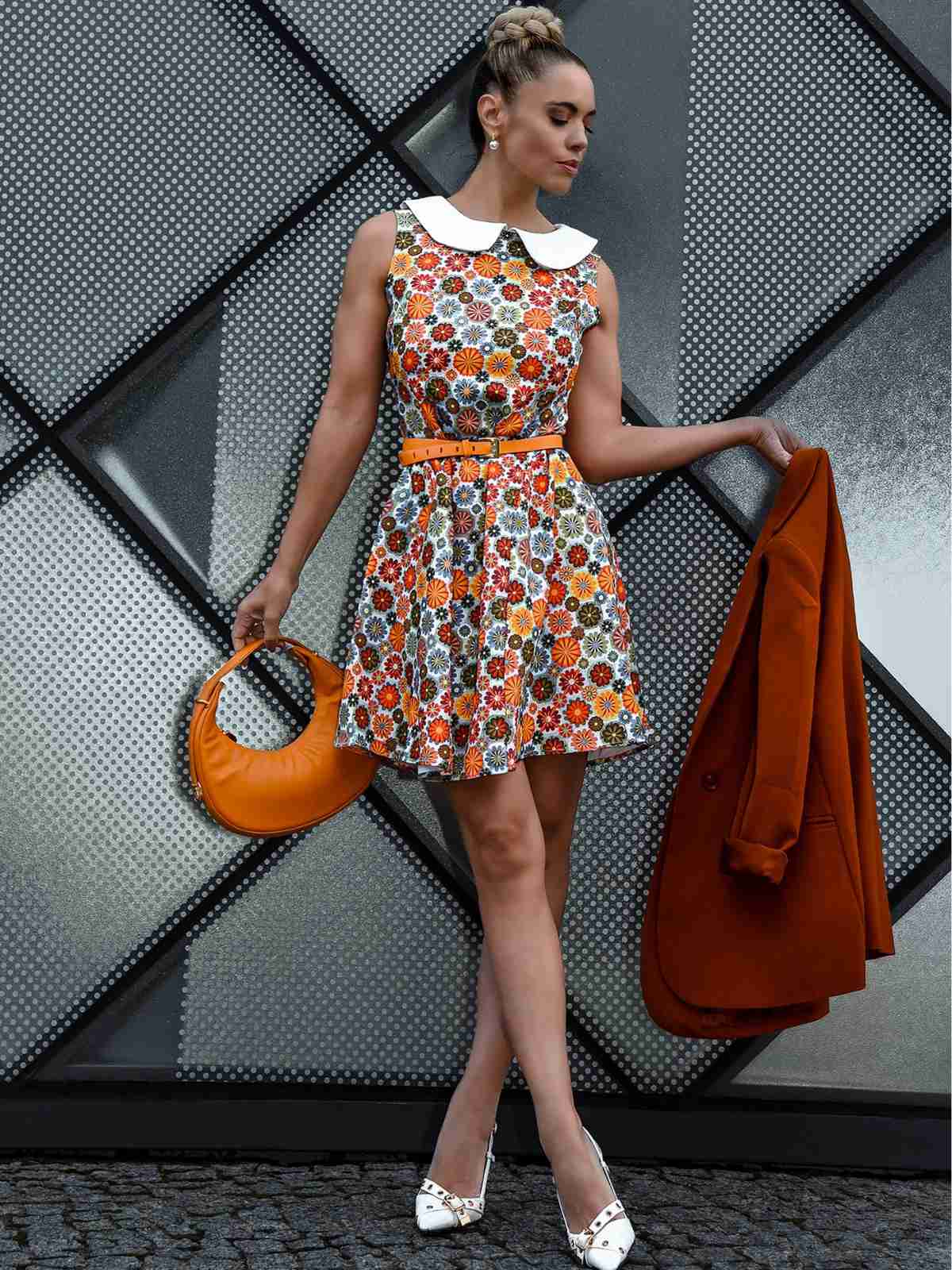 Orange 1960er Gänseblümchen Peter Pan Kragen Kleid - Image 3