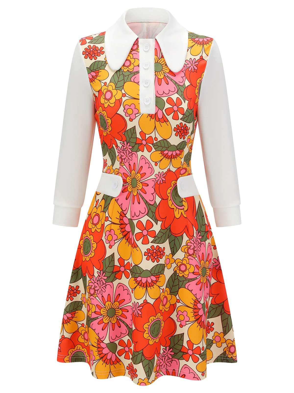 Orange 1960er Revers Blumen Patchwork Kleid - Image 5