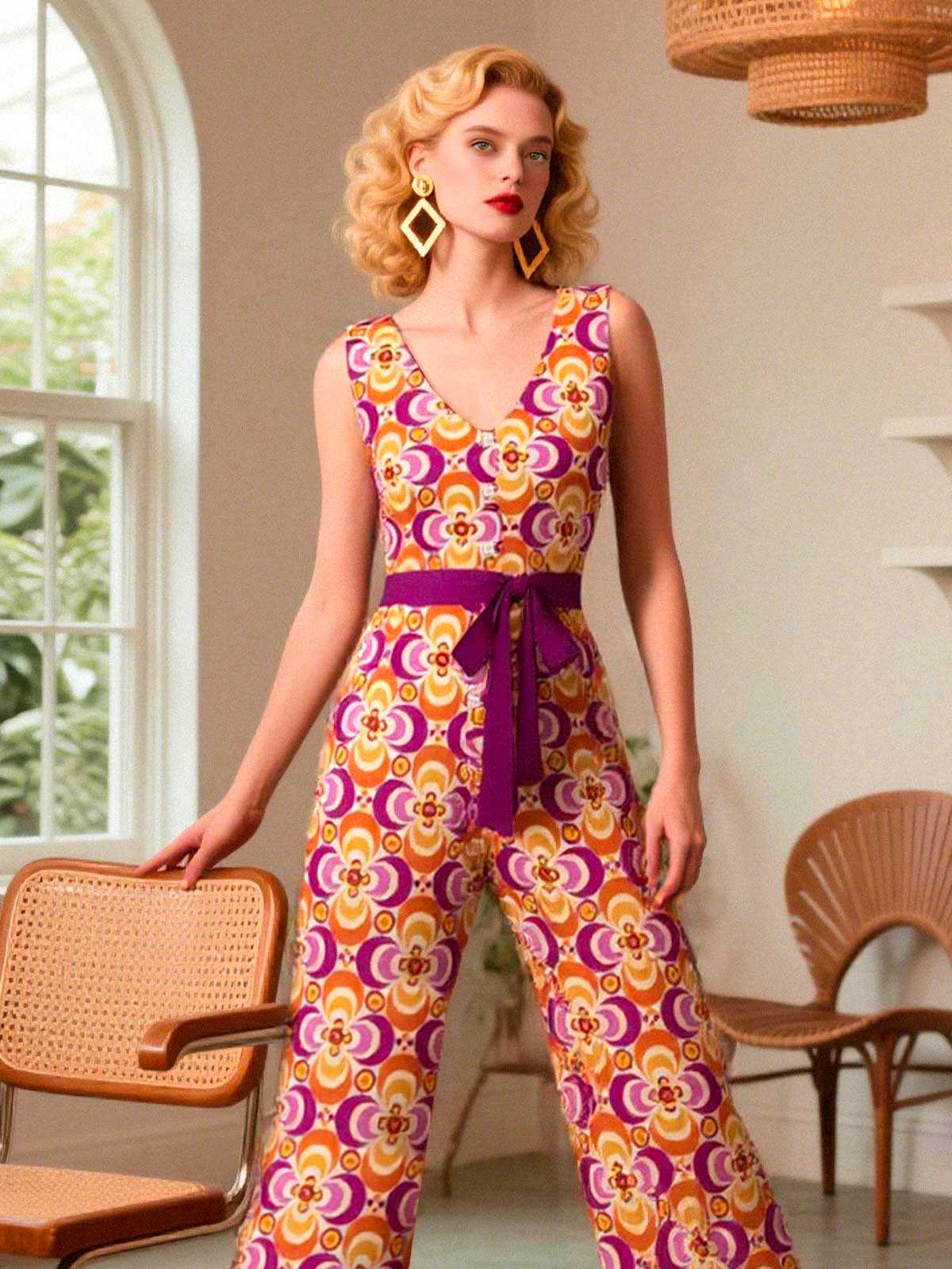 Orange 1960er V-Ausschnitt Gürtel Blumen Jumpsuit - Image 2