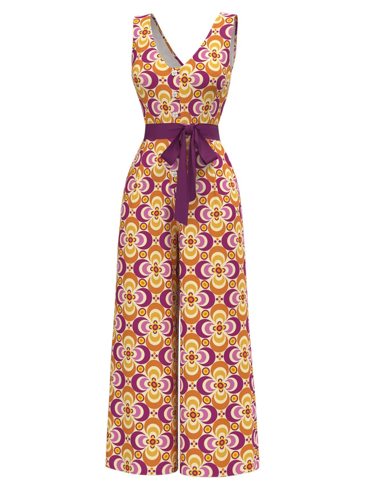 Orange 1960er V-Ausschnitt Gürtel Blumen Jumpsuit - Image 3