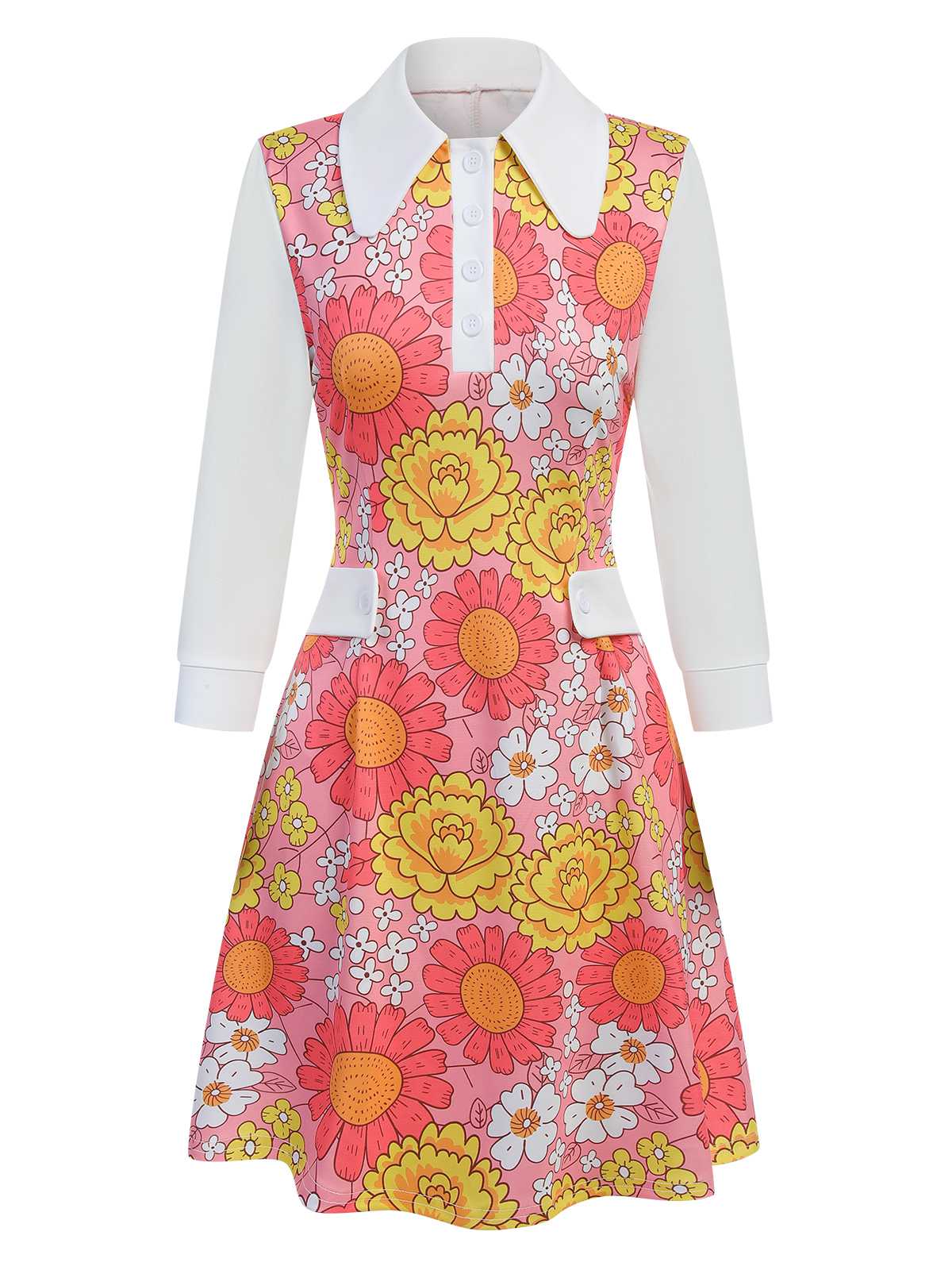 [Vorverkauf] Orange 1960er Revers Blumen Patchwork Kleid - Image 14