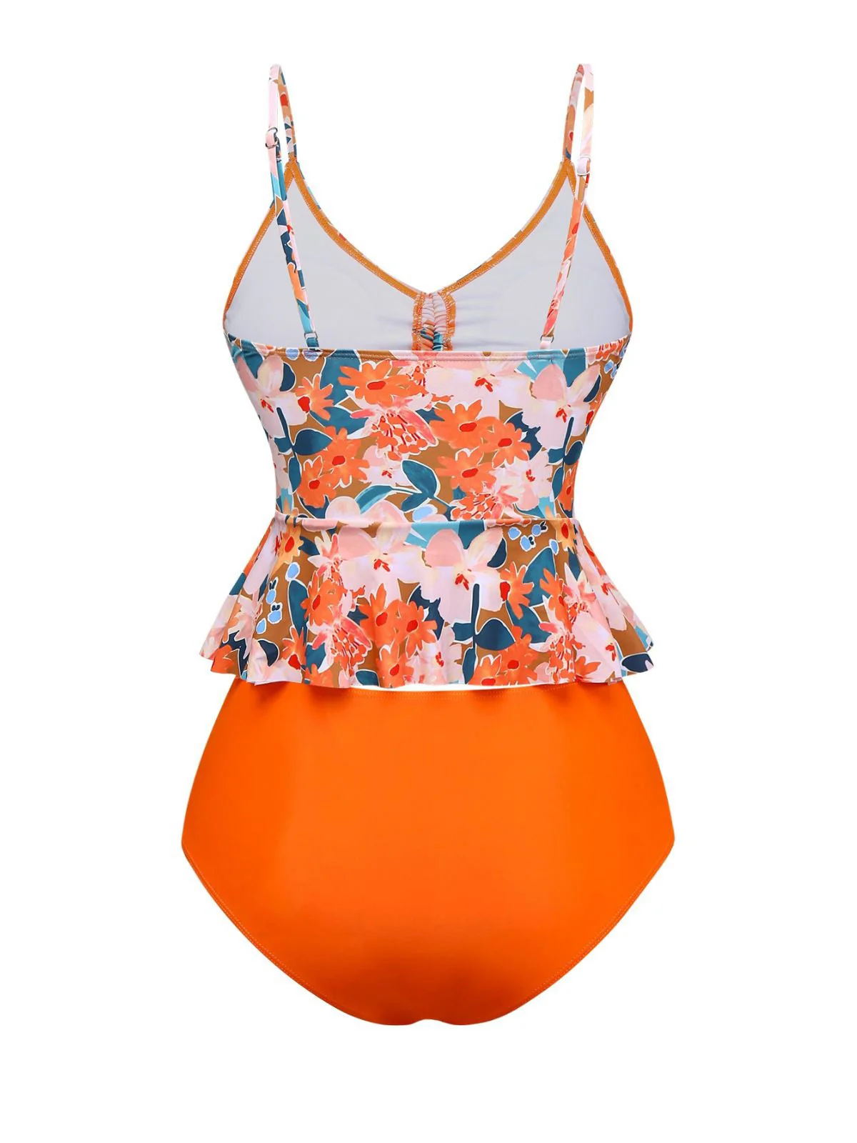 Orange 1970er Blumen Kordelzug Spaghetti Träger Tankini Set - Image 2