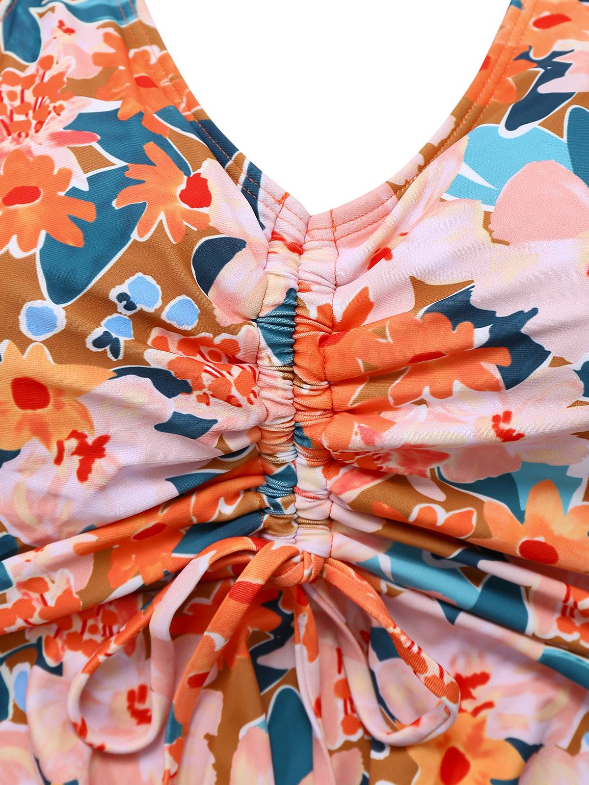 Orange 1970er Blumen Kordelzug Spaghetti Träger Tankini Set - Image 3