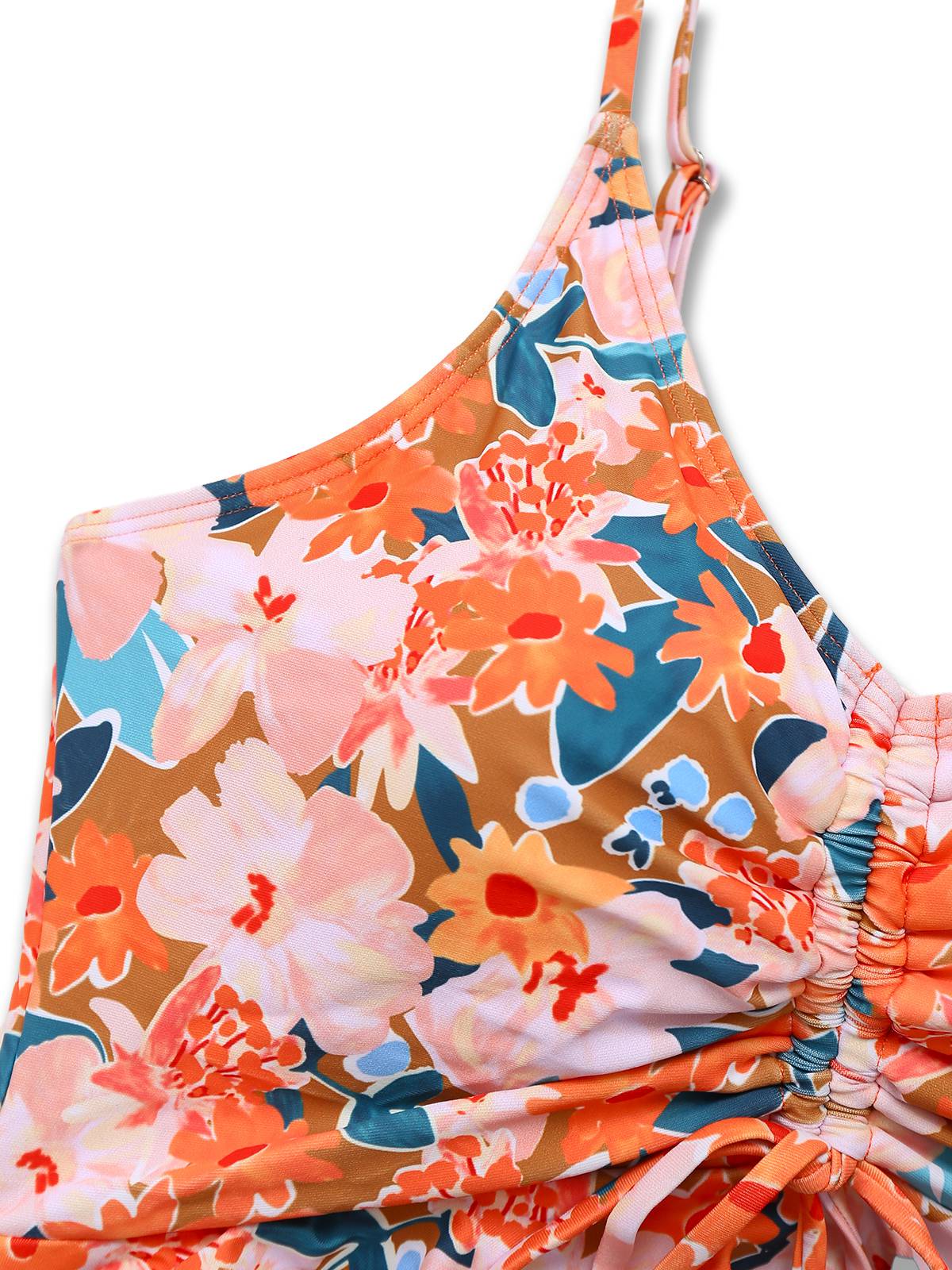 Orange 1970er Blumen Kordelzug Spaghetti Träger Tankini Set - Image 4