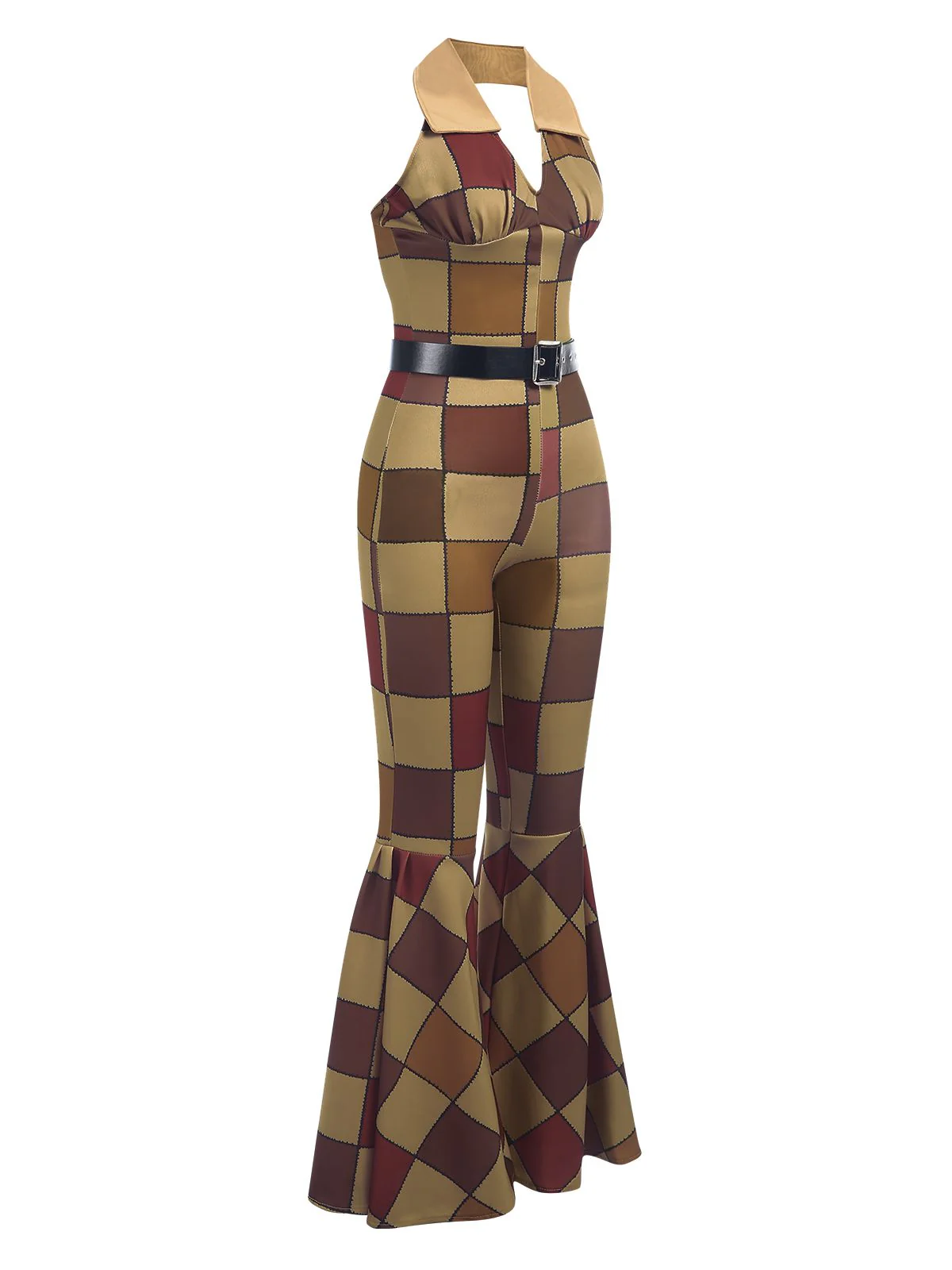 Orange 1970er Blumen Muster Patchwork Halter Jumpsuit - Image 5