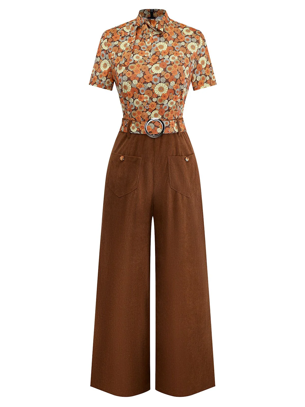 [Vorverkauf] Orange 1970er Gänseblümchen Cord Krawattenhals Jumpsuit - Image 2