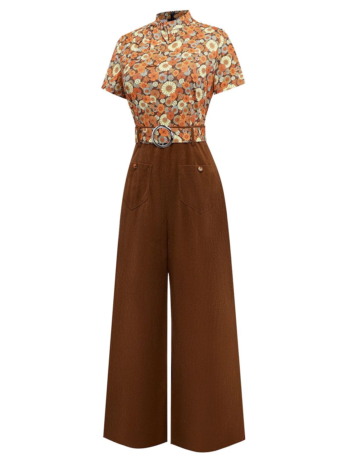 [Vorverkauf] Orange 1970er Gänseblümchen Cord Krawattenhals Jumpsuit - Image 3