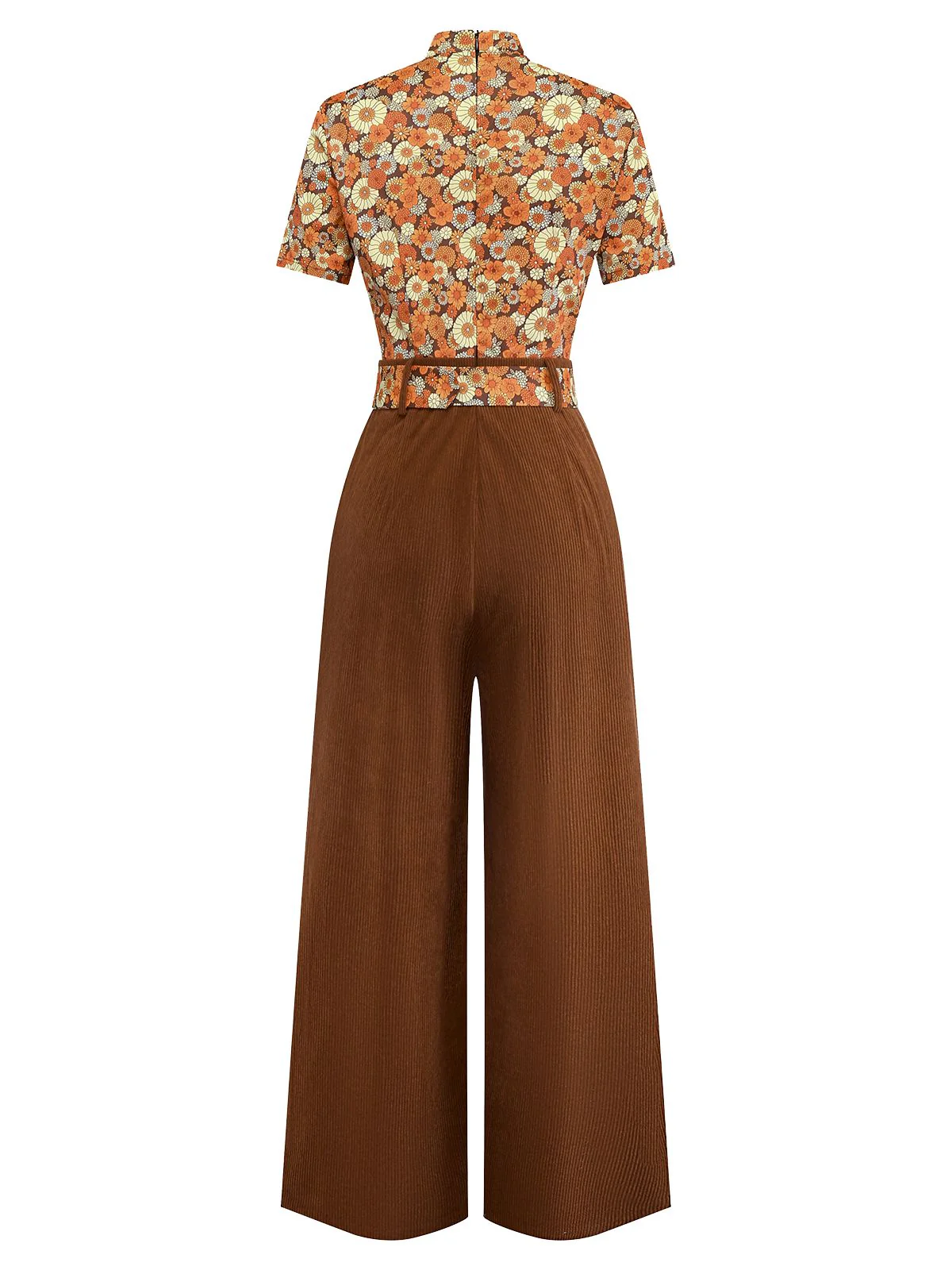 [Vorverkauf] Orange 1970er Gänseblümchen Cord Krawattenhals Jumpsuit - Image 4