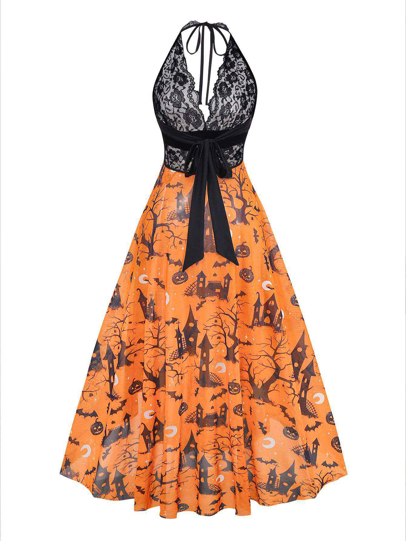 Orange 1970er Halloween Kürbis Druck Spitze Halter Nachthemd - Image 2