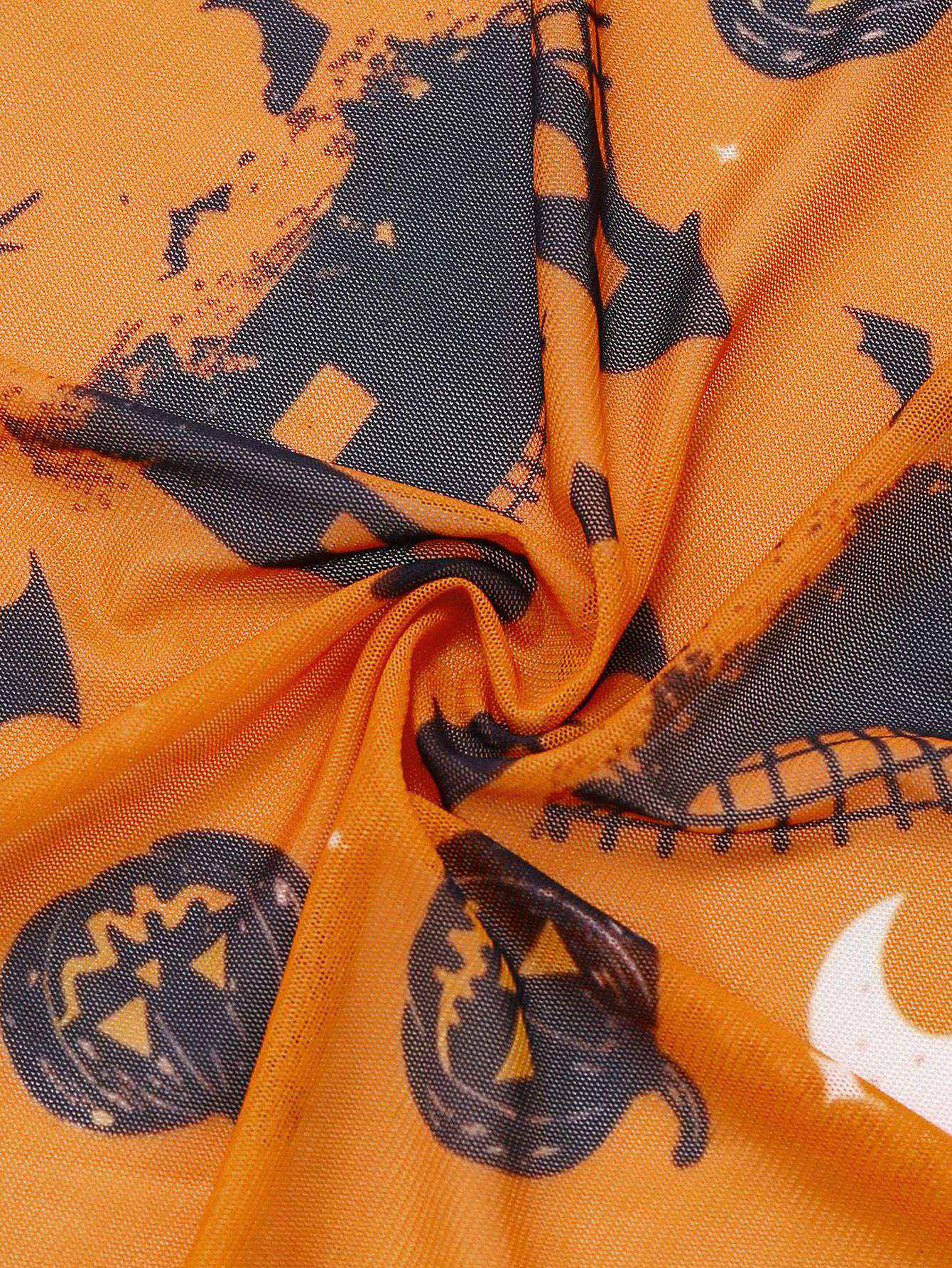 Orange 1970er Halloween Kürbis Druck Spitze Halter Nachthemd - Image 4