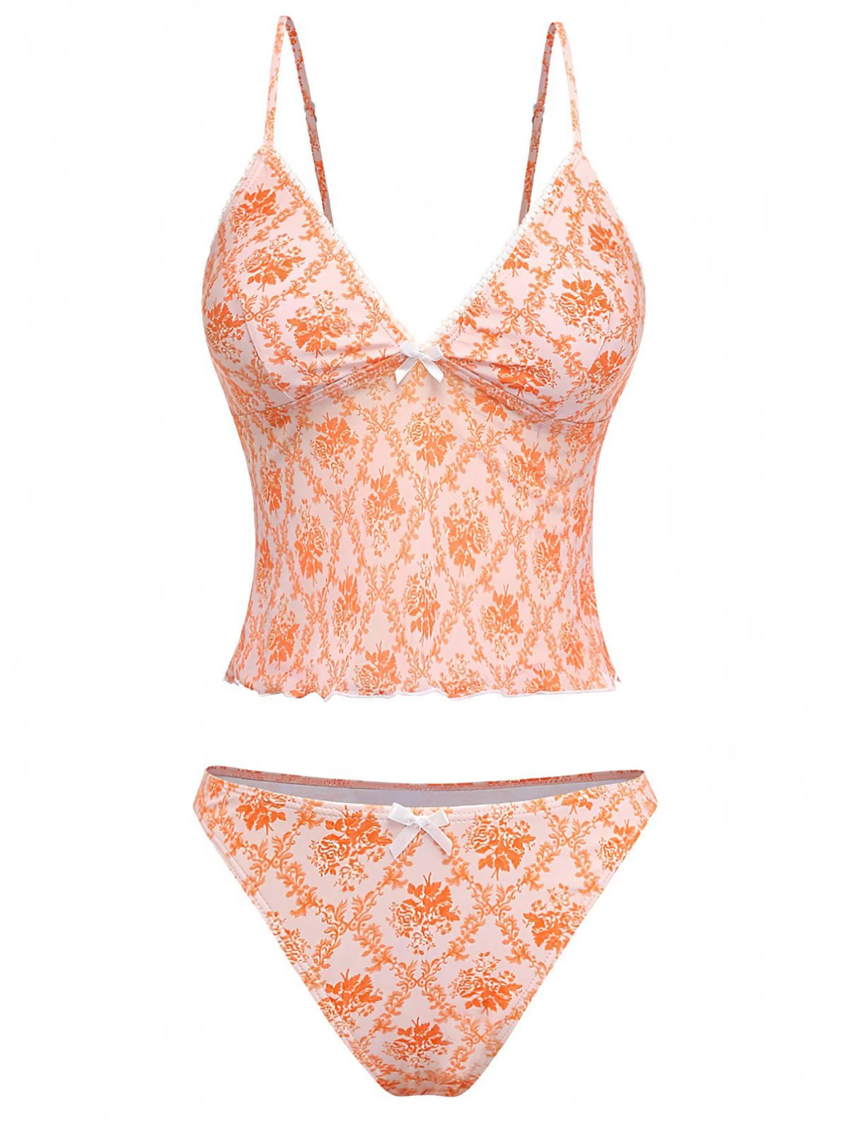 Orange 1970er Tief V-Ausschnitt Blumen Druck Tankini Set - Image 2